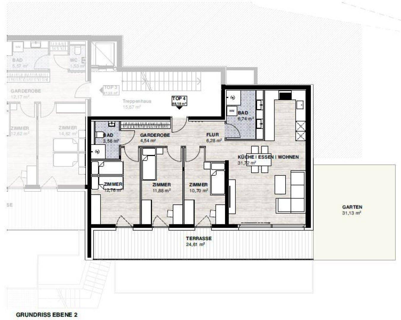 Grundriss einer Wohnung mit drei Zimmern, offener Küche, Bad, Terrasse und Gartenbereich.