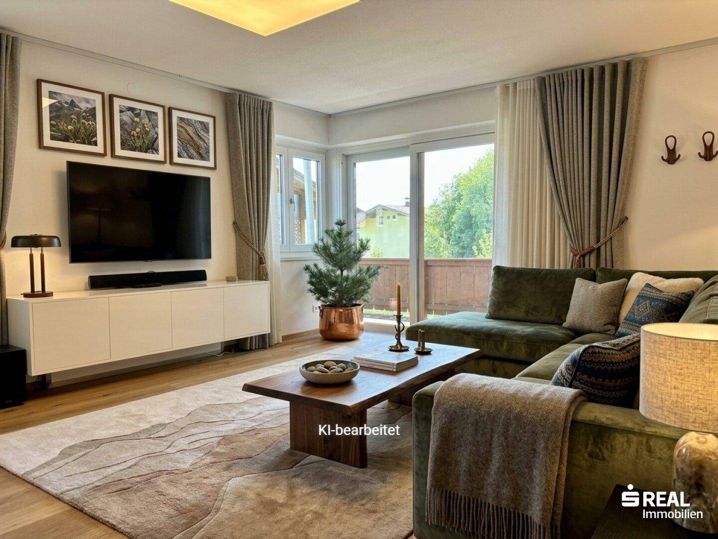 Gemütliches Wohnzimmer mit großem Ecksofa, Holzboden und Zugang zu einem Balkon.