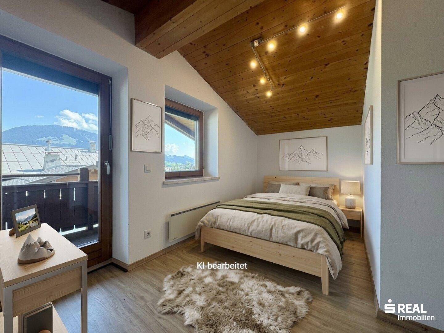 Gemütliches Schlafzimmer im Dachgeschoss mit Holzbalken, Balkonzugang und Bergblick.
