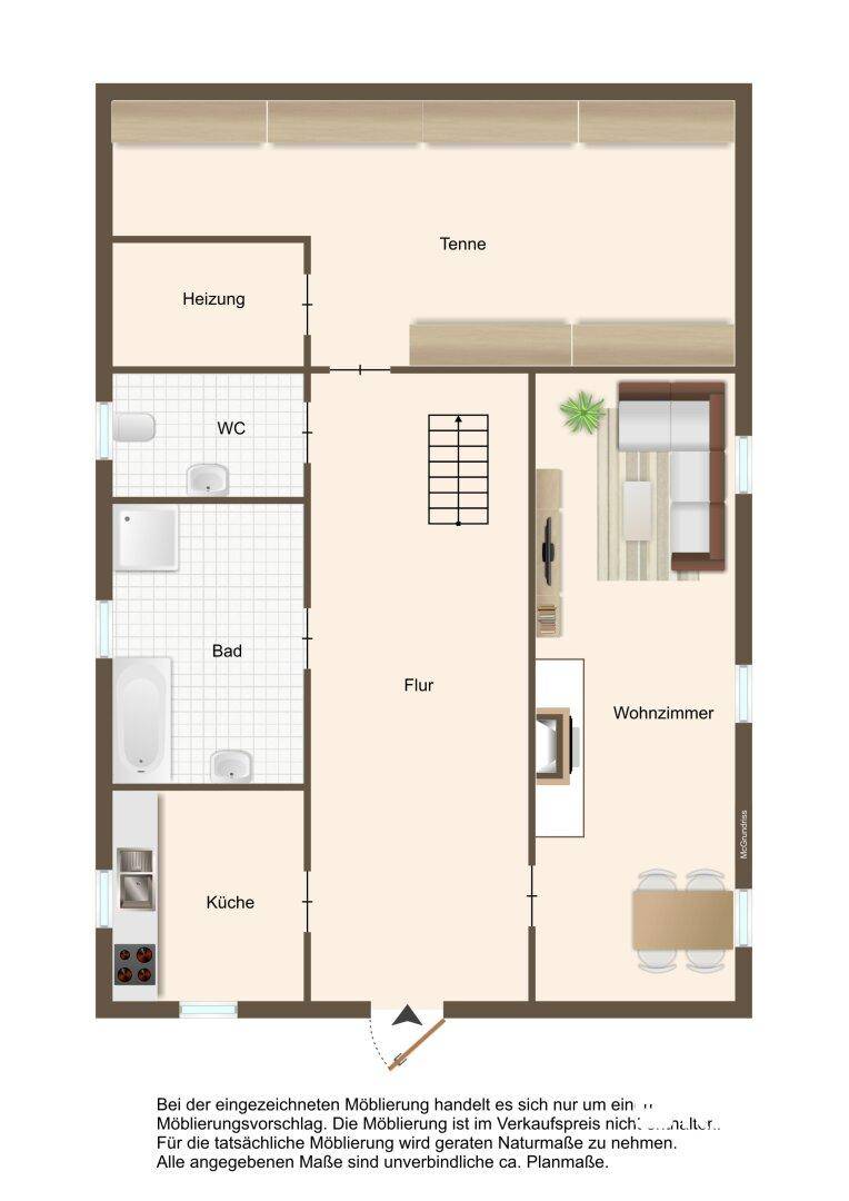 Grundriss des Erdgeschosses mit Wohnzimmer, Küche, Bad und WC.