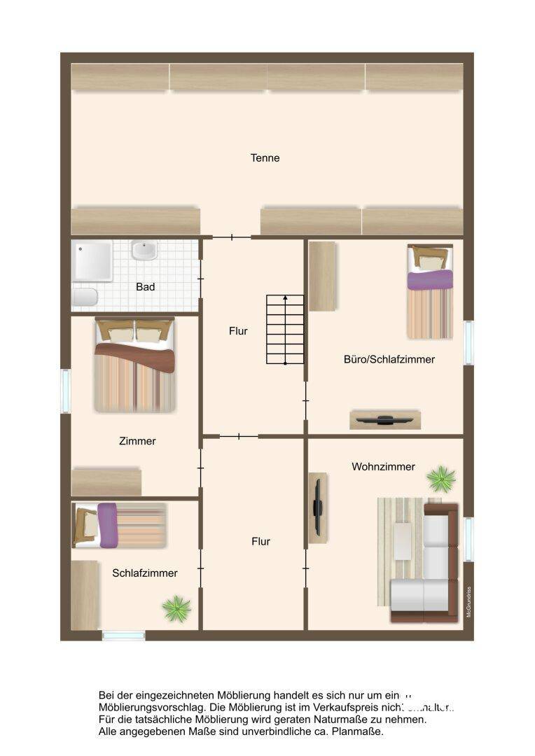 Grundriss des Obergeschosses mit Schlafzimmern, Büro und Wohnbereich.
