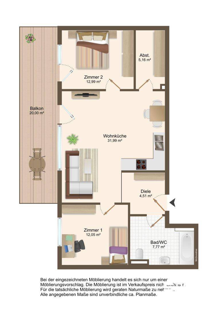 Dieser Grundriss zeigt eine moderne Wohnung mit zwei Schlafzimmern, offener Wohnküche und einem großen Balkon.