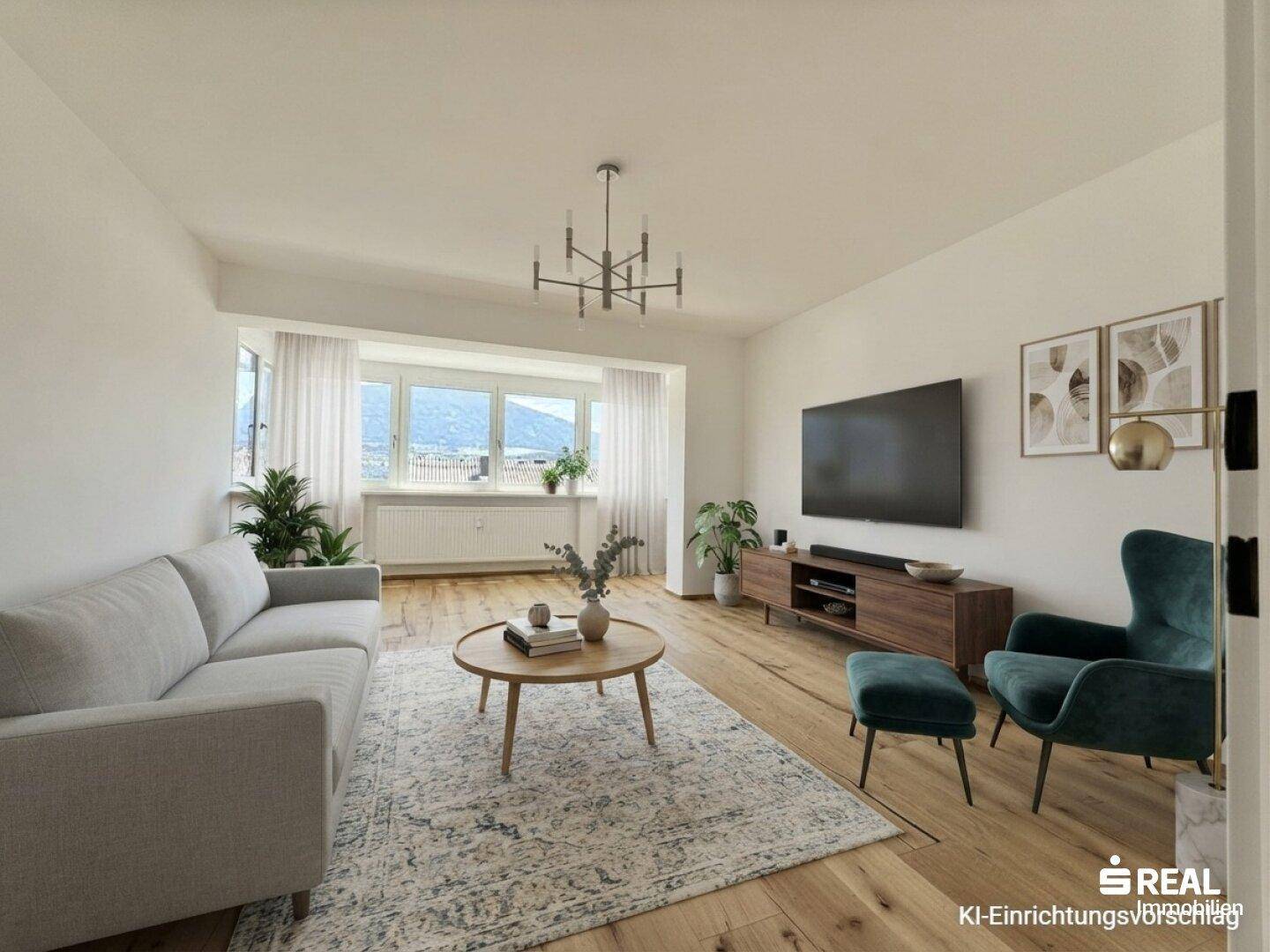 Virtuell inszeniertes Wohnzimmer mit modernem Mobiliar, Holzboden und Panoramablick aus den Fenstern.