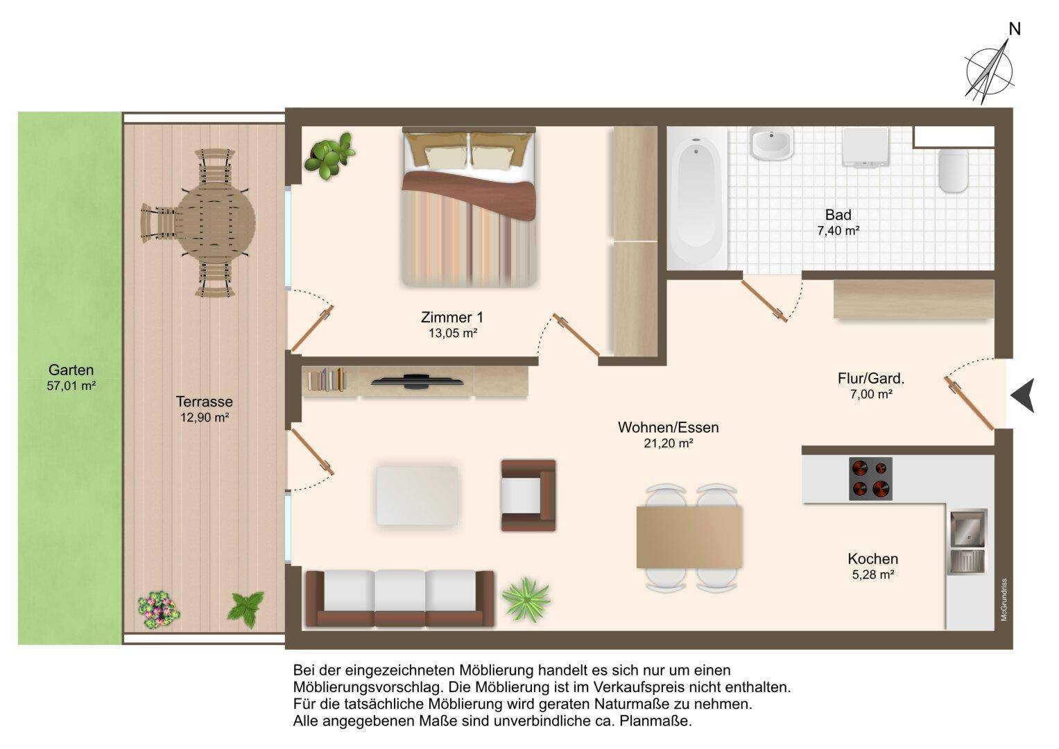 Grundriss der Wohnung mit Wohn-Essbereich, Schlafzimmer, Bad und Terrasse mit Garten.