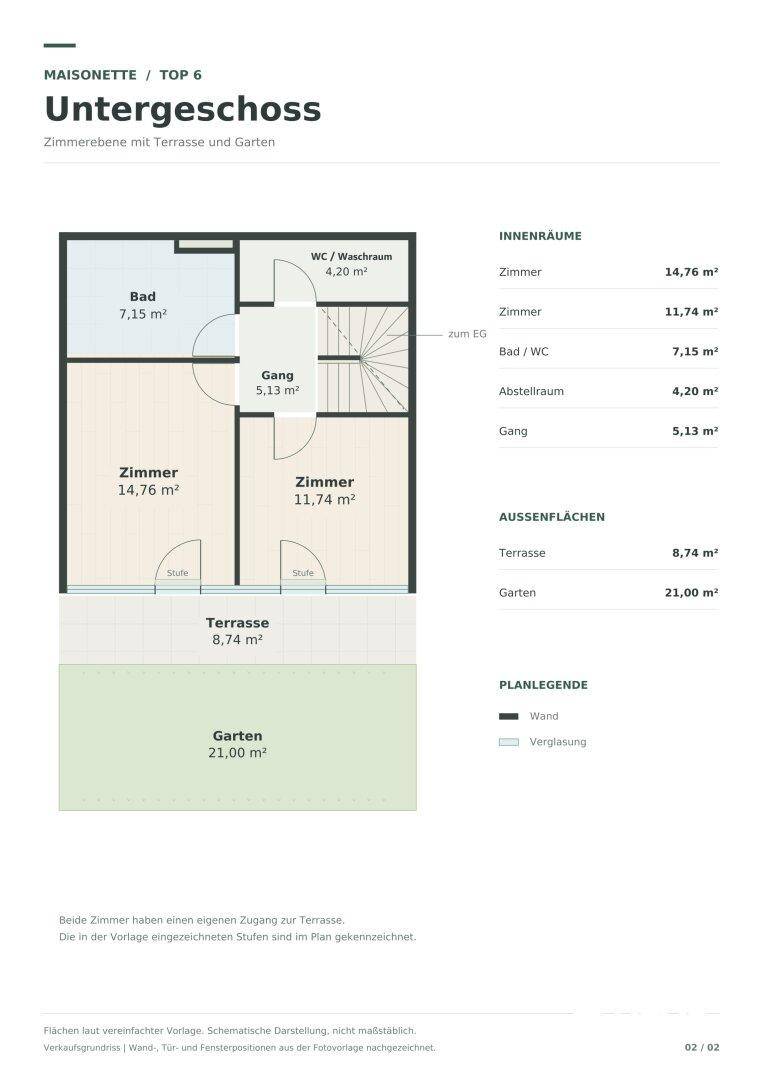 Grundriss des Untergeschosses einer Maisonette mit Schlafzimmern, Bad, WC/Waschraum und Terrasse.