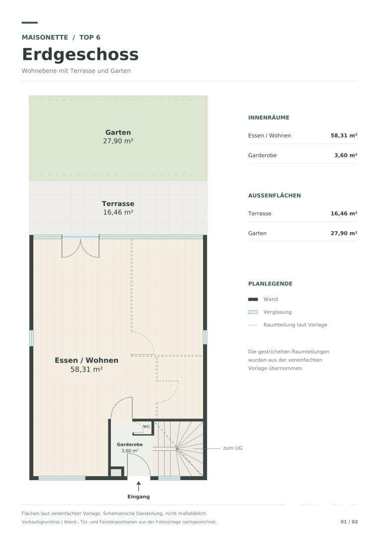 Grundriss des Erdgeschosses einer Maisonette mit offenem Wohnbereich, Terrasse und Garten.