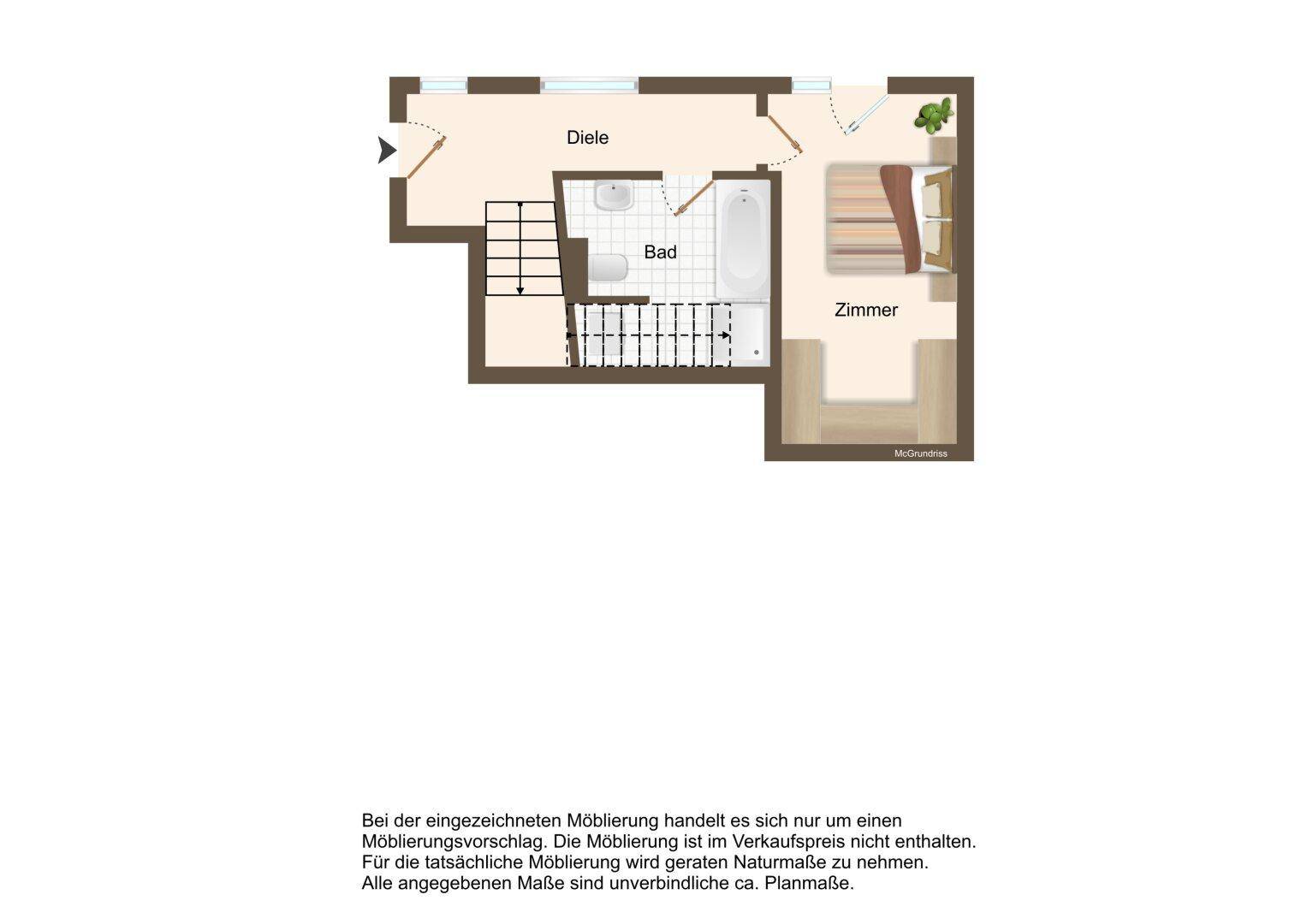 Grundriss des Obergeschosses mit Schlafzimmer, Bad und Diele.