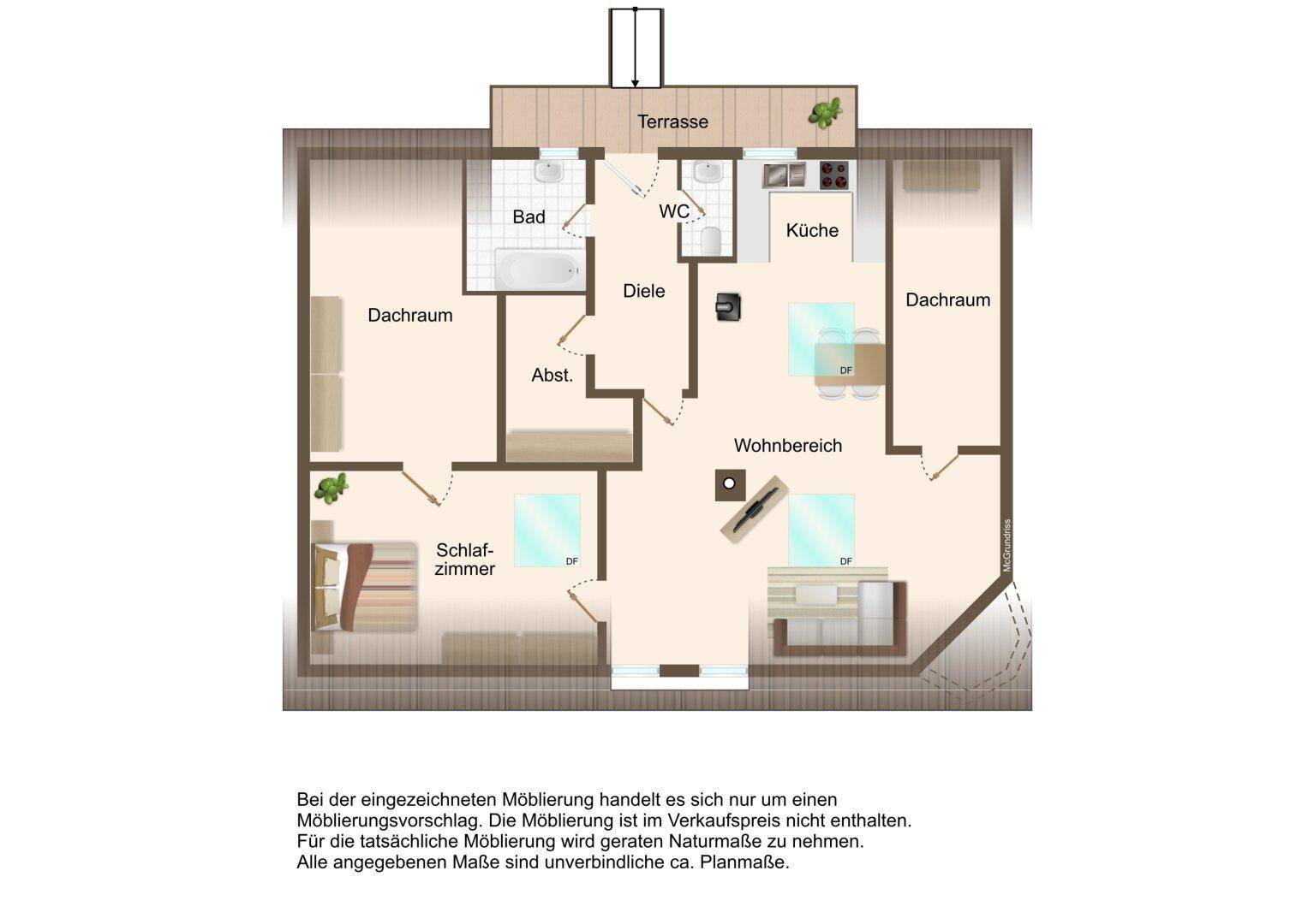 Grundriss des Dachgeschosses mit Schlafzimmer, Wohnbereich und Terrasse.