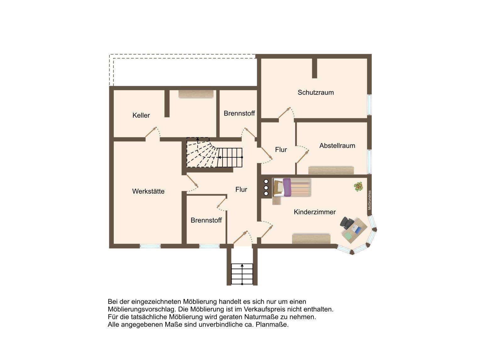 Grundriss des Kellergeschosses mit Werkstatt, Schutzraum und Abstellräumen.