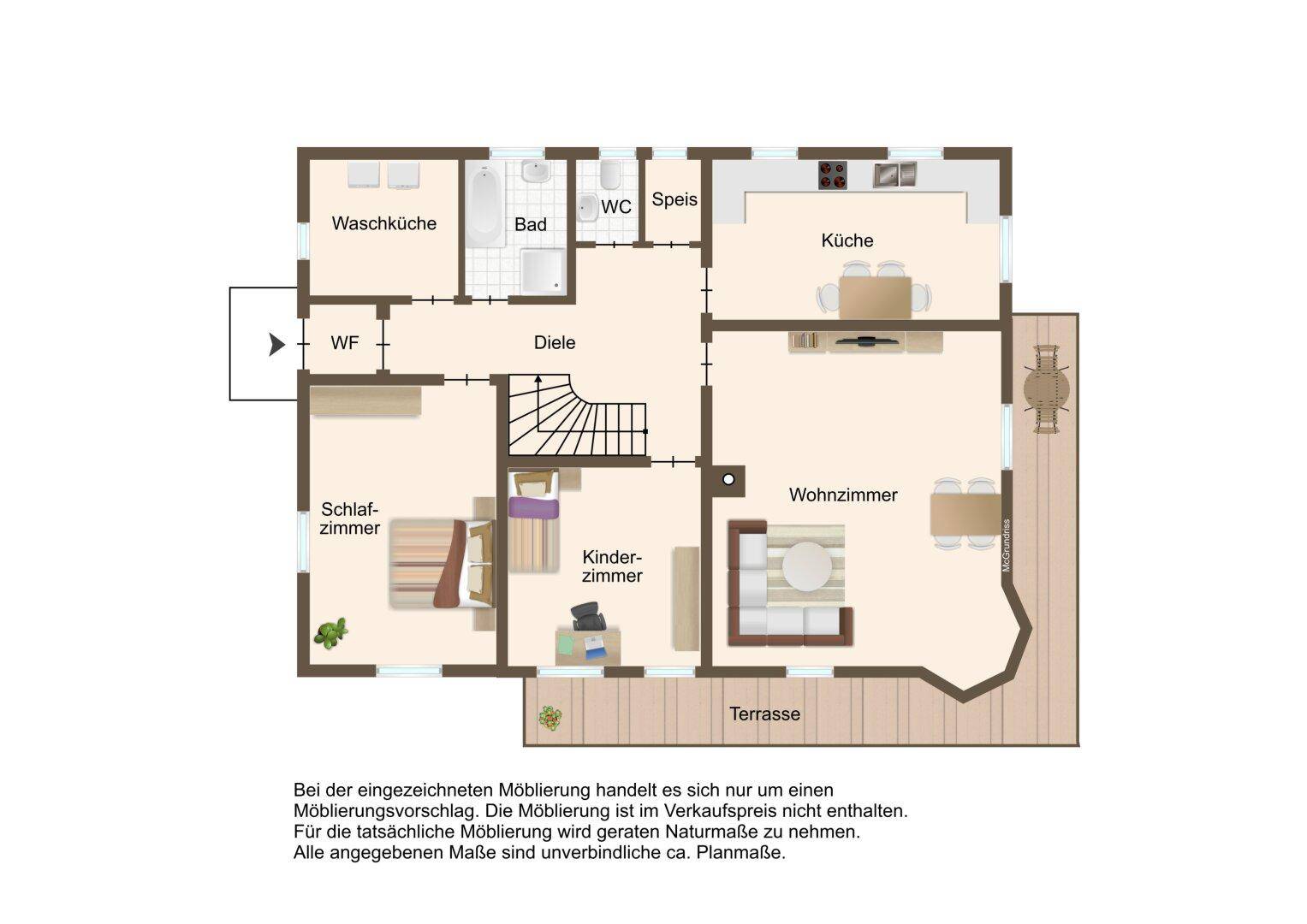 Grundriss des Erdgeschosses mit Wohnzimmer, Küche, Schlafzimmer und Terrasse.