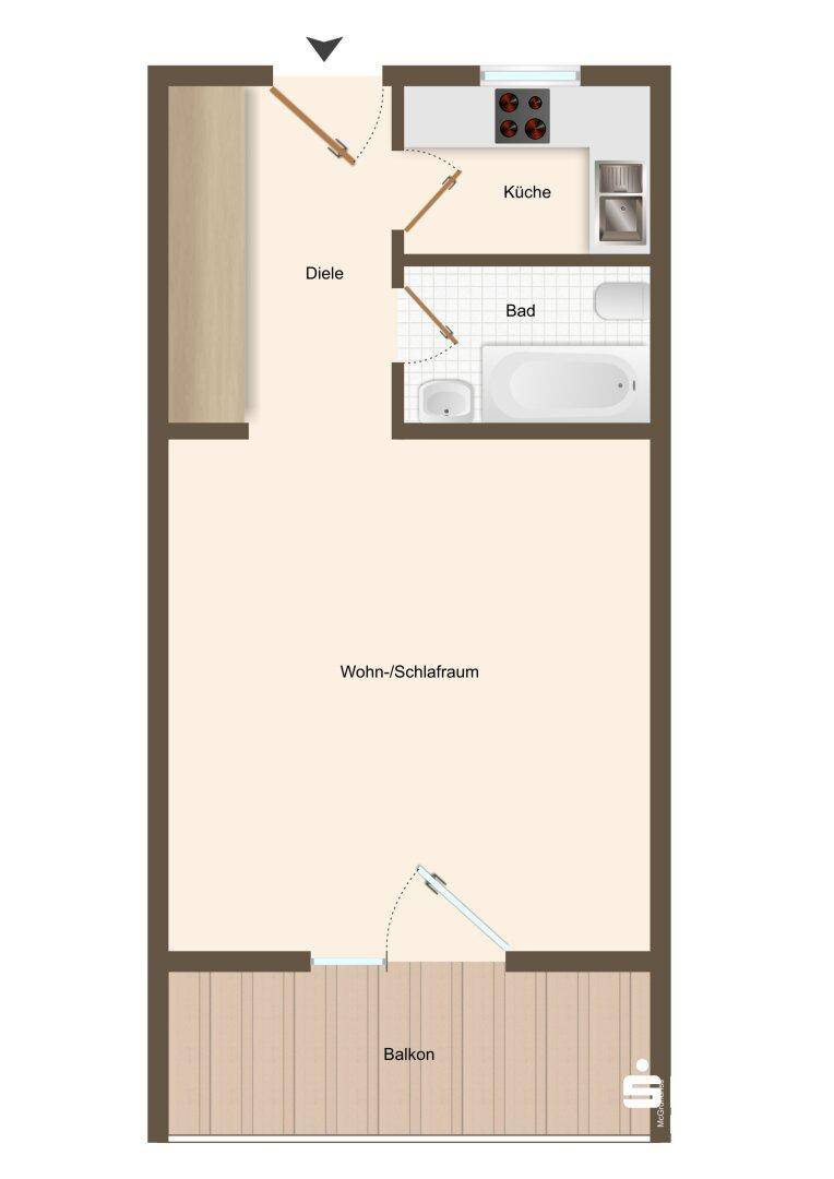 Grundriss einer Wohnung mit Küche, Bad, Wohn-/Schlafbereich und Balkon.