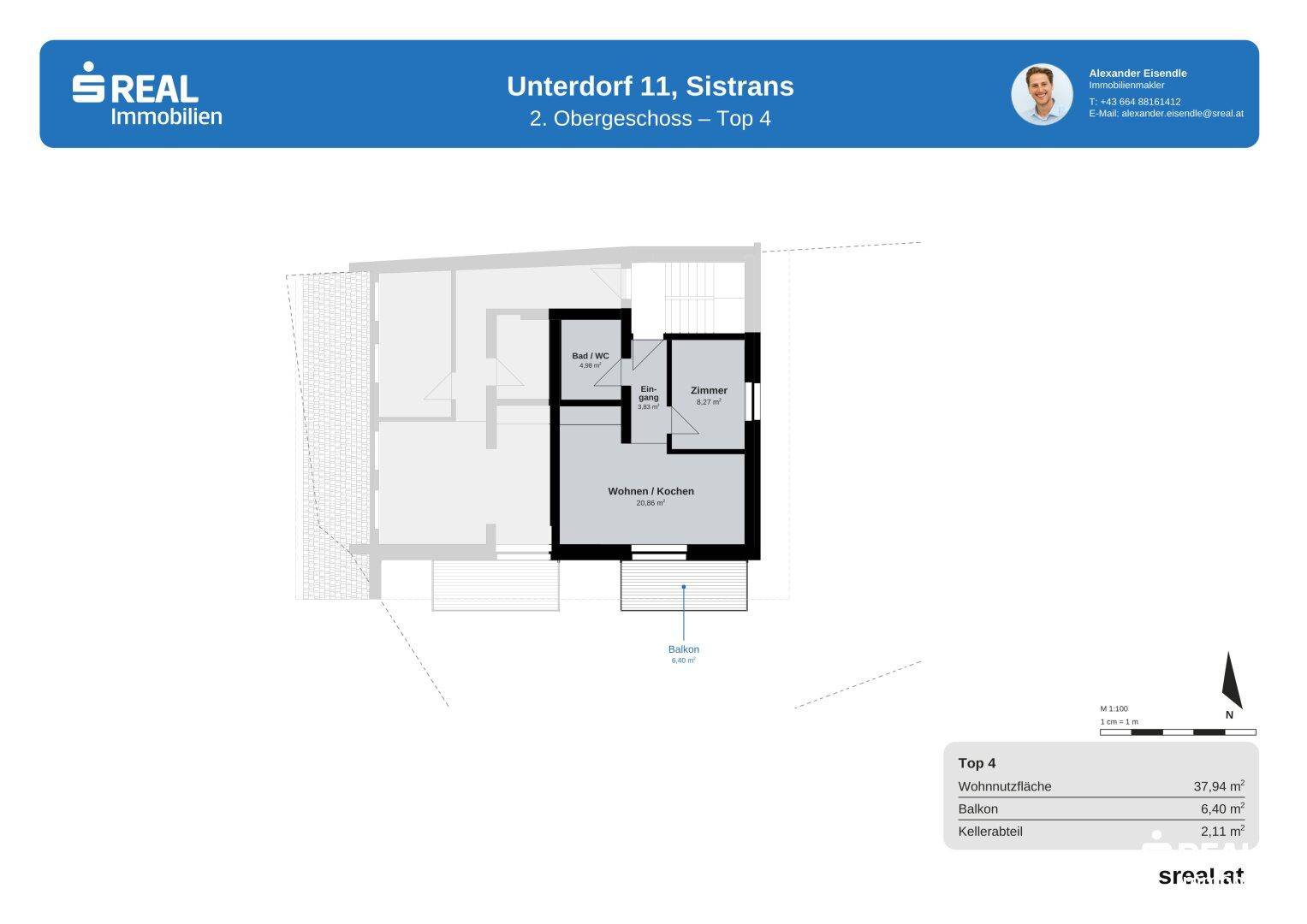 Grundriss für Top 4 im 2. Obergeschoss mit offenem Wohn-/Kochbereich, einem Zimmer und Balkon.