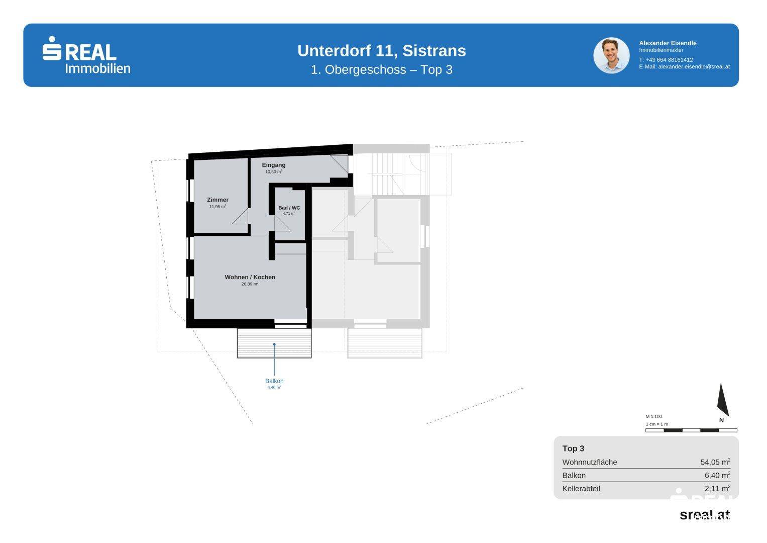 Grundriss für Top 3 im 1. Obergeschoss mit großem Wohn-/Kochbereich, einem Zimmer und Balkon.