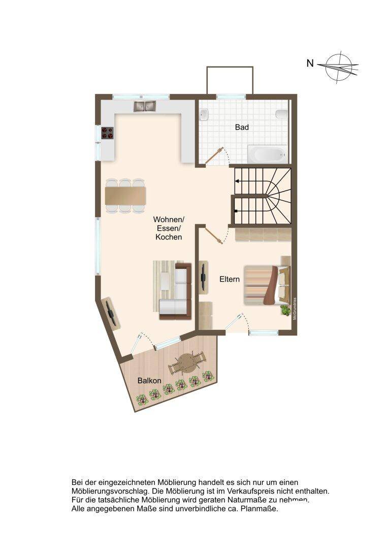 Grundriss des Erdgeschosses mit offenem Wohn-/Ess-/Kochbereich und Balkon.