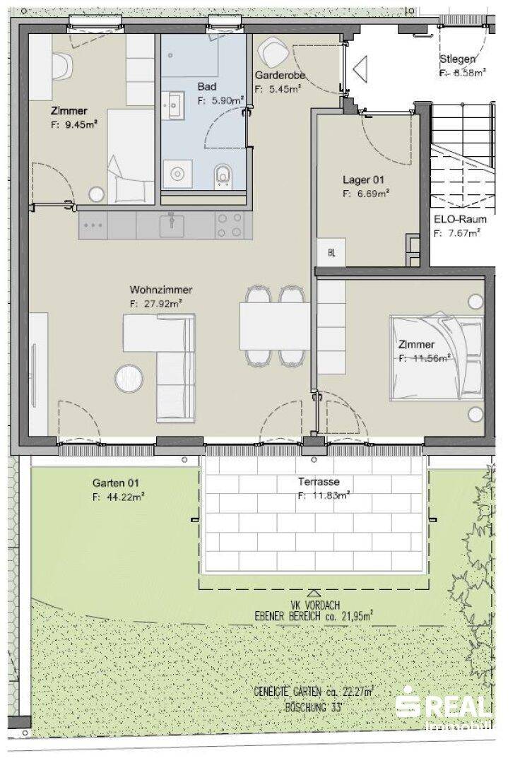 Grundriss einer Wohnung mit Wohnzimmer, Schlafzimmer, Bad, Garderobe, Lager und Terrasse mit Garten.