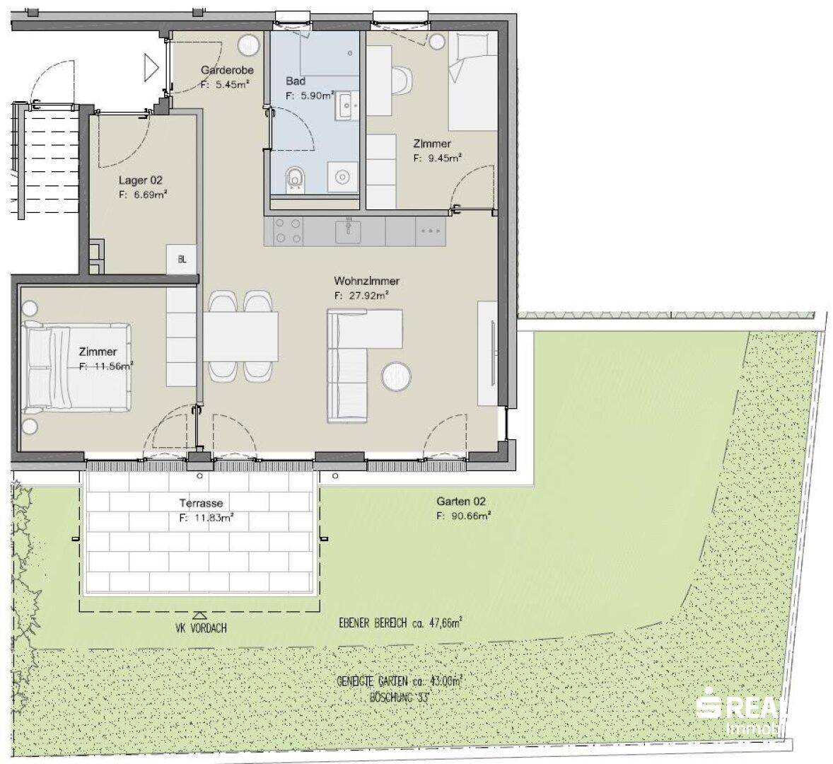 Grundriss einer Wohnung mit Wohnzimmer, Schlafzimmer, Bad, Garderobe, Terrasse und Garten.