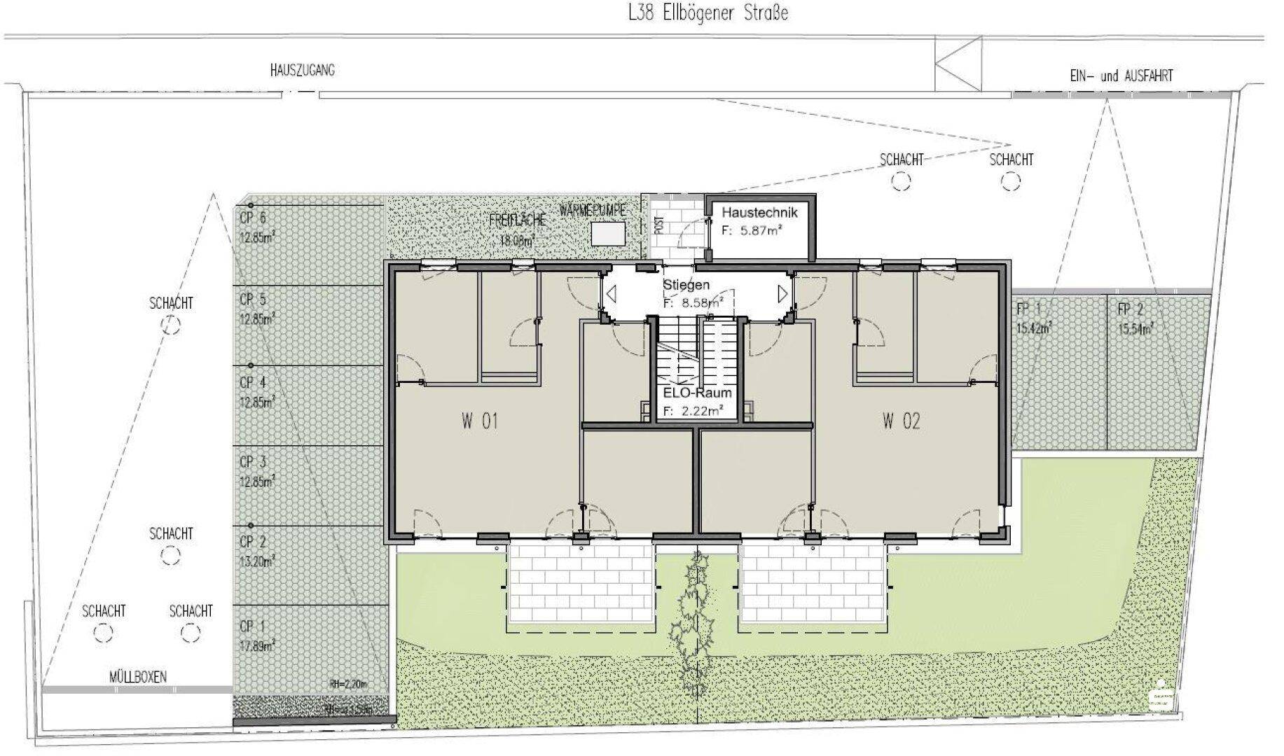 Grundriss des Erdgeschosses mit zwei Wohneinheiten, Gärten, Terrassen und Parkplätzen.