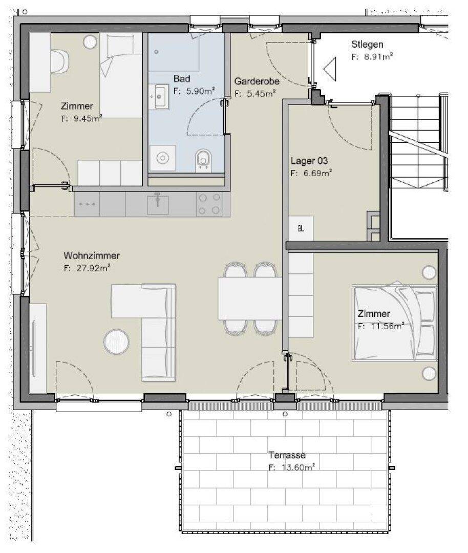Grundriss einer Wohnung mit offenem Wohnbereich, Schlafzimmern, Bad, Gäste-WC und Terrasse.