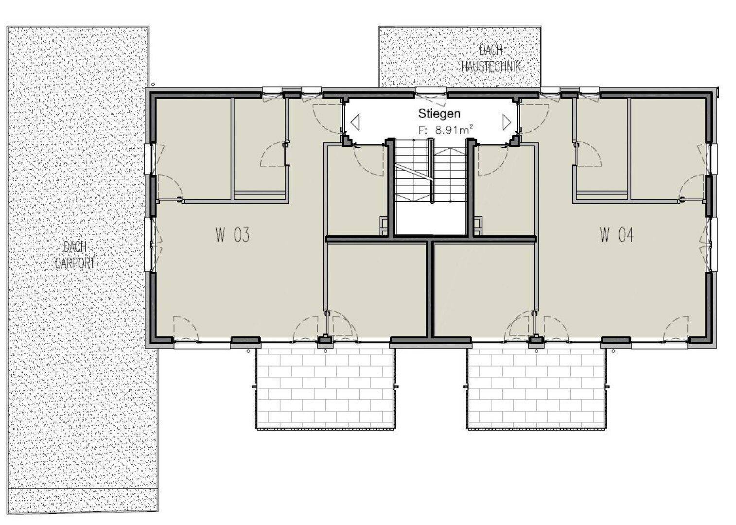 Grundriss einer Etage mit zwei Wohneinheiten, zentralem Treppenhaus und angrenzendem Carport-Bereich.