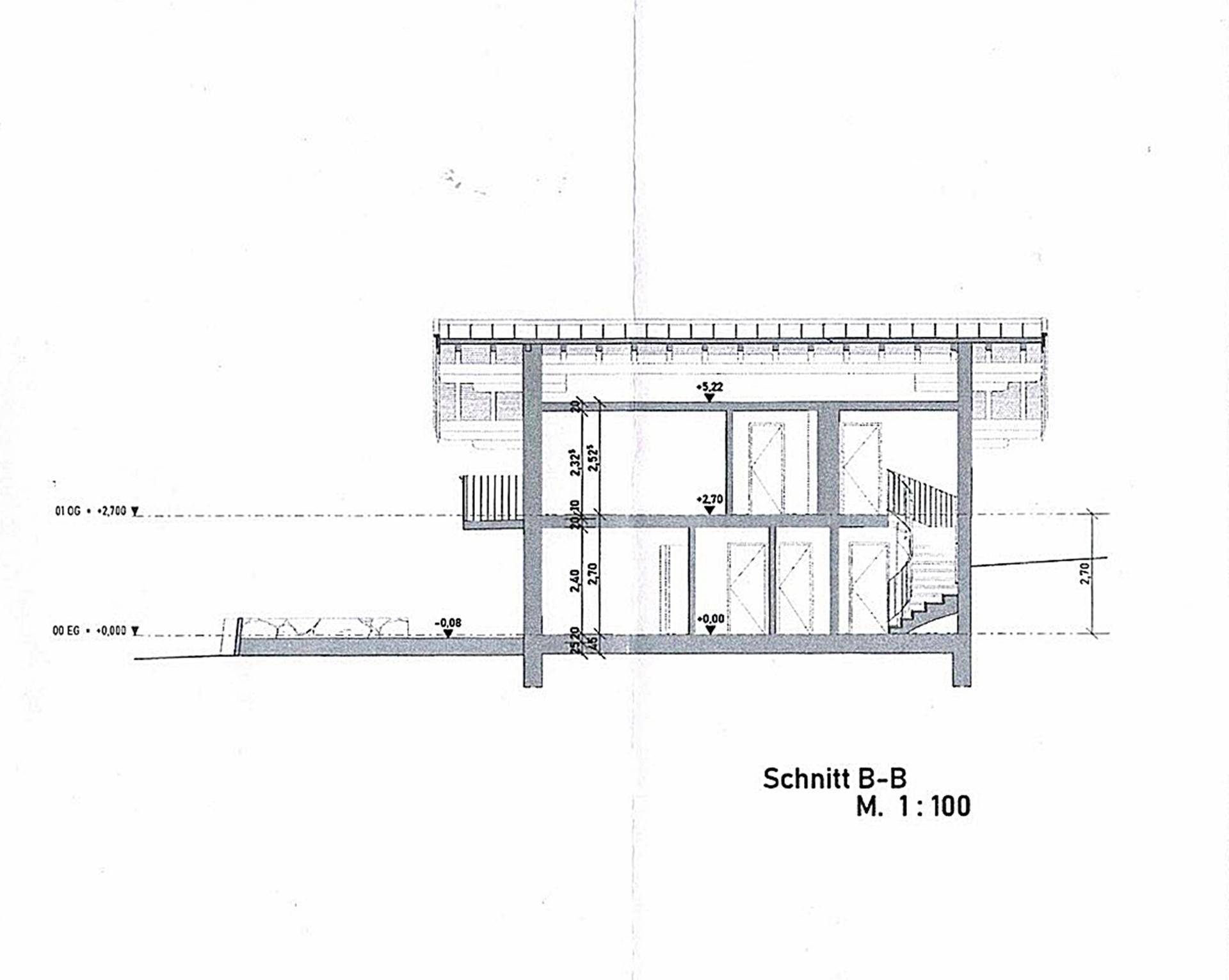 Gebäudeschnitt B-B zeigt die vertikale Anordnung der Räume und Treppen.