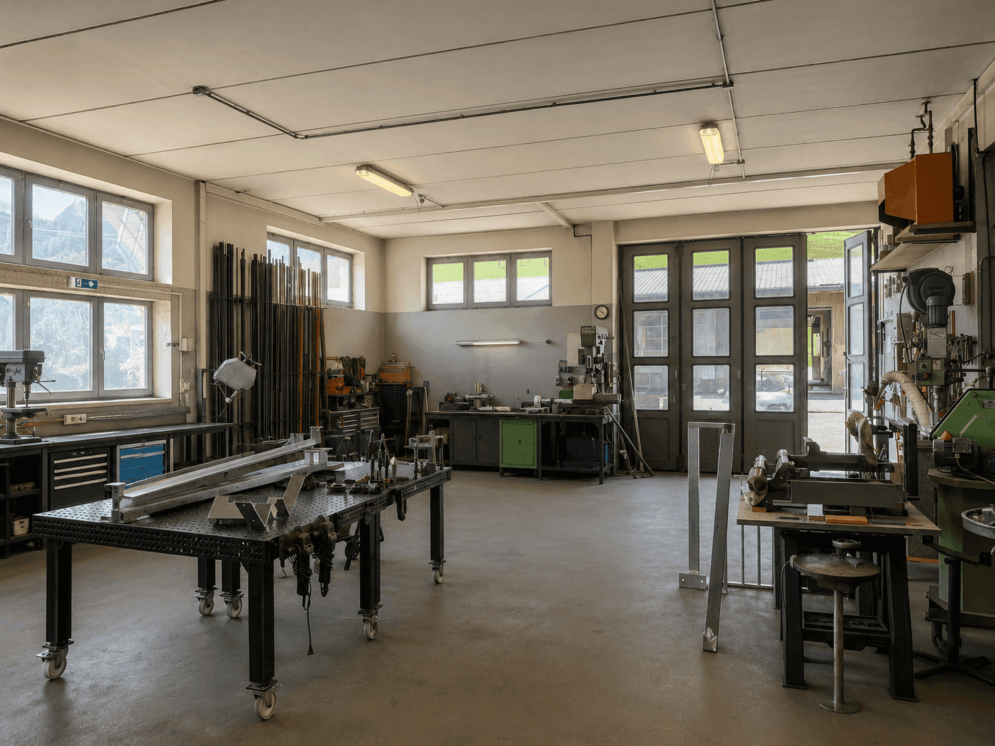 Geräumige Werkstatt mit Betonboden, Arbeitsplätzen, Maschinen und großen Fenstern für Tageslicht.