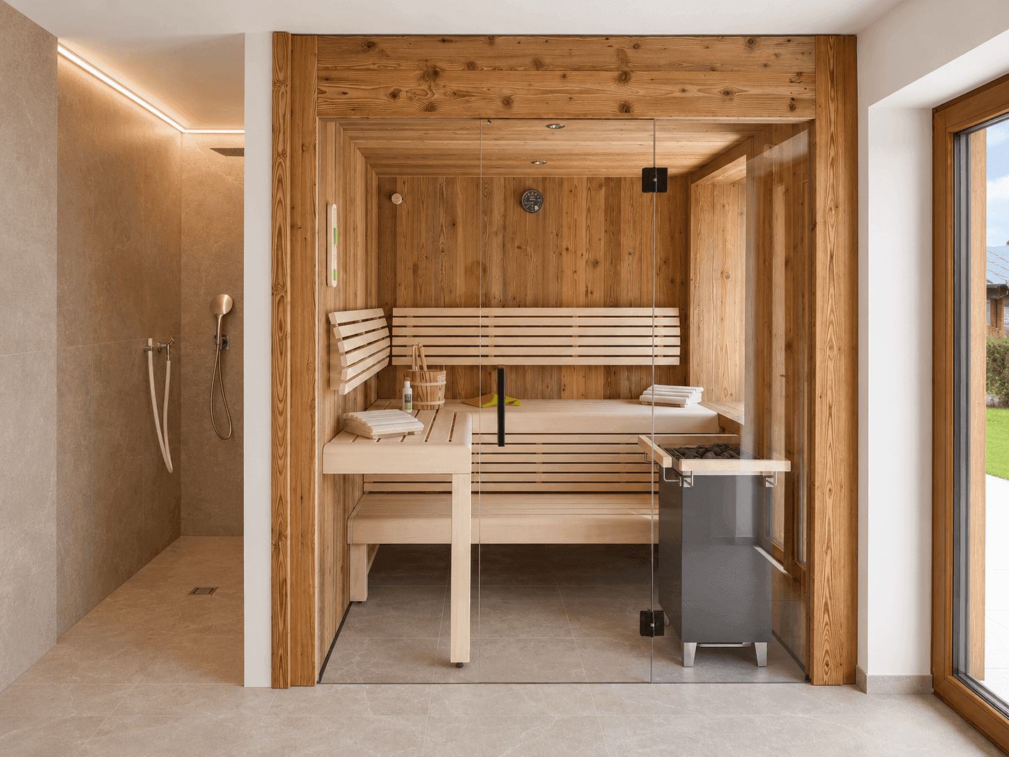 Moderne Sauna mit Holzverkleidung und Bänken, angrenzend an eine ebenerdige Dusche.