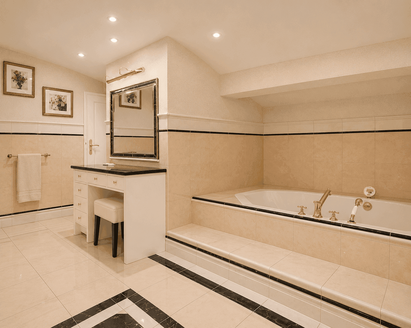 Geräumiges Badezimmer mit eingebauter Badewanne, Waschtisch und Schminkbereich.
