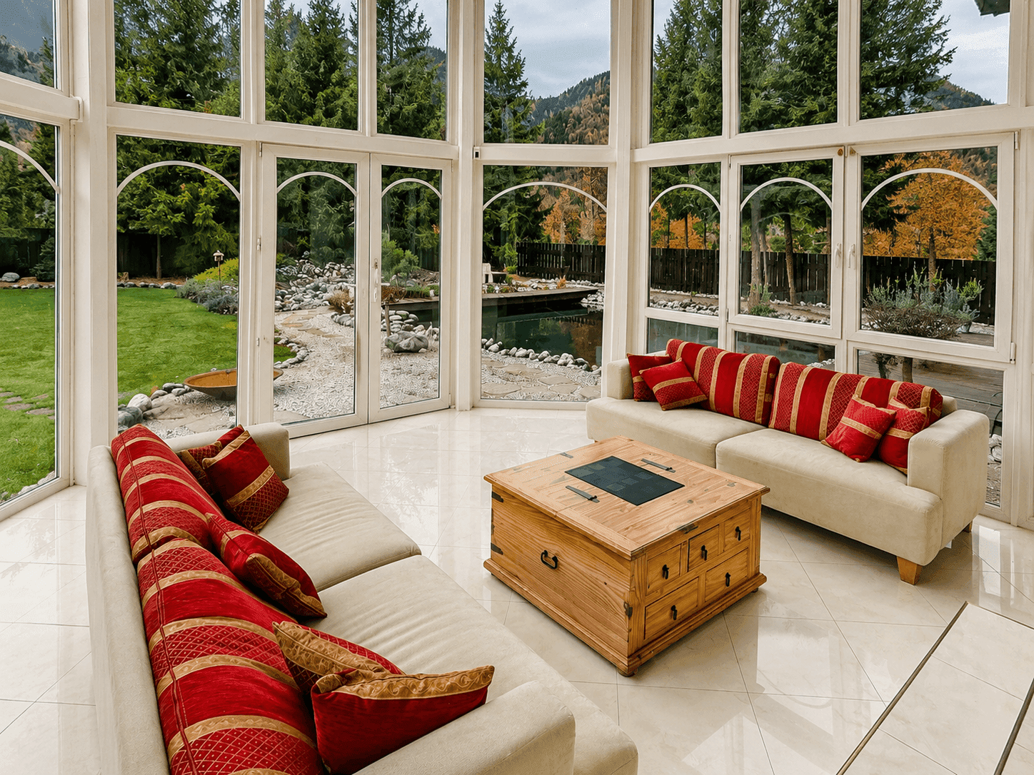 Lichtdurchfluteter Wintergarten mit bequemen Sofas und Blick auf den Garten und Teich.
