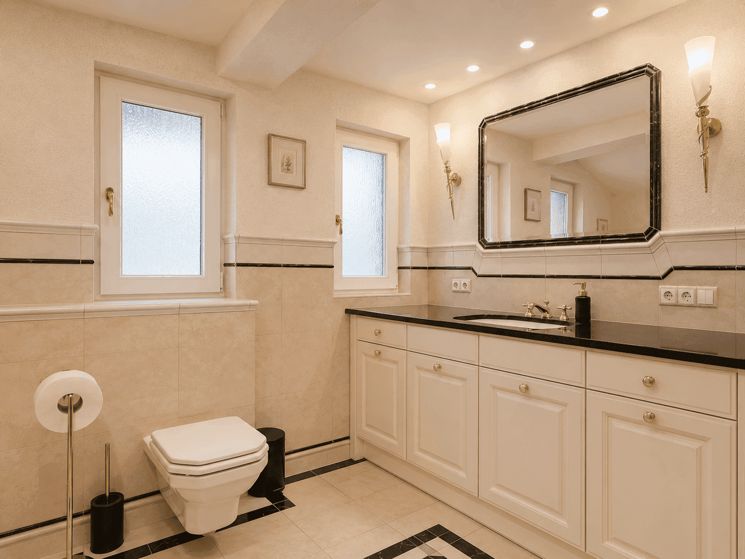 Modernes Badezimmer mit Waschtisch, WC, großem Spiegel und zwei Fenstern.