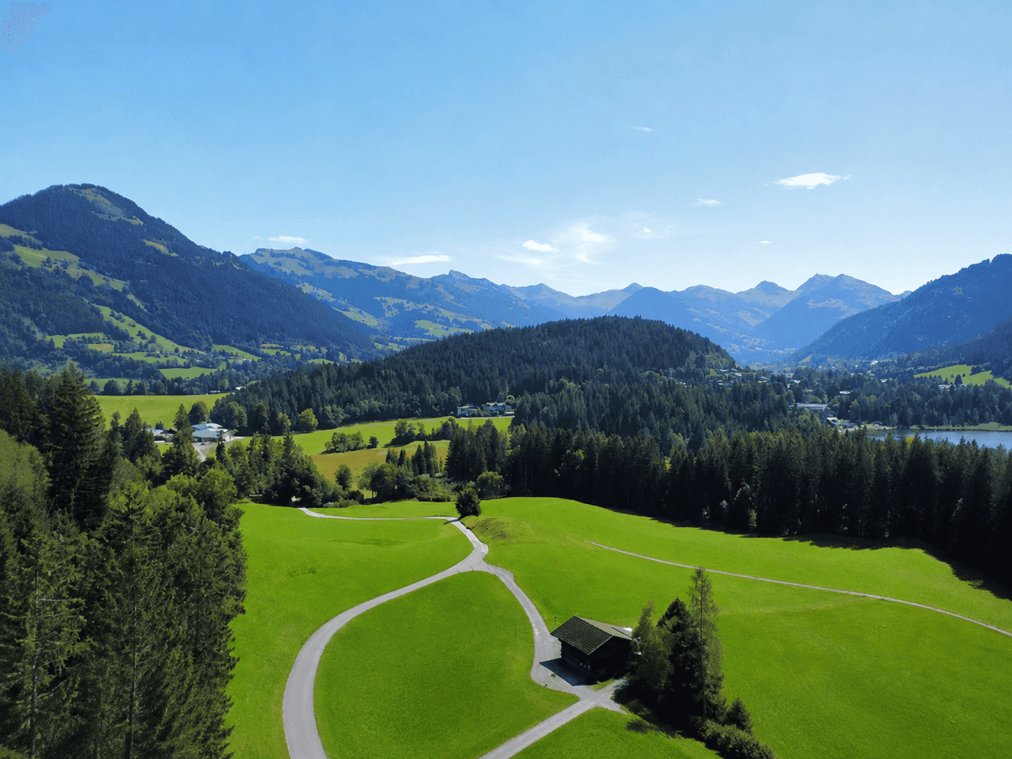 Weitläufige grüne Wiesen und dichte Wälder in einer idyllischen Berglandschaft mit einem kleinen Gebäude.