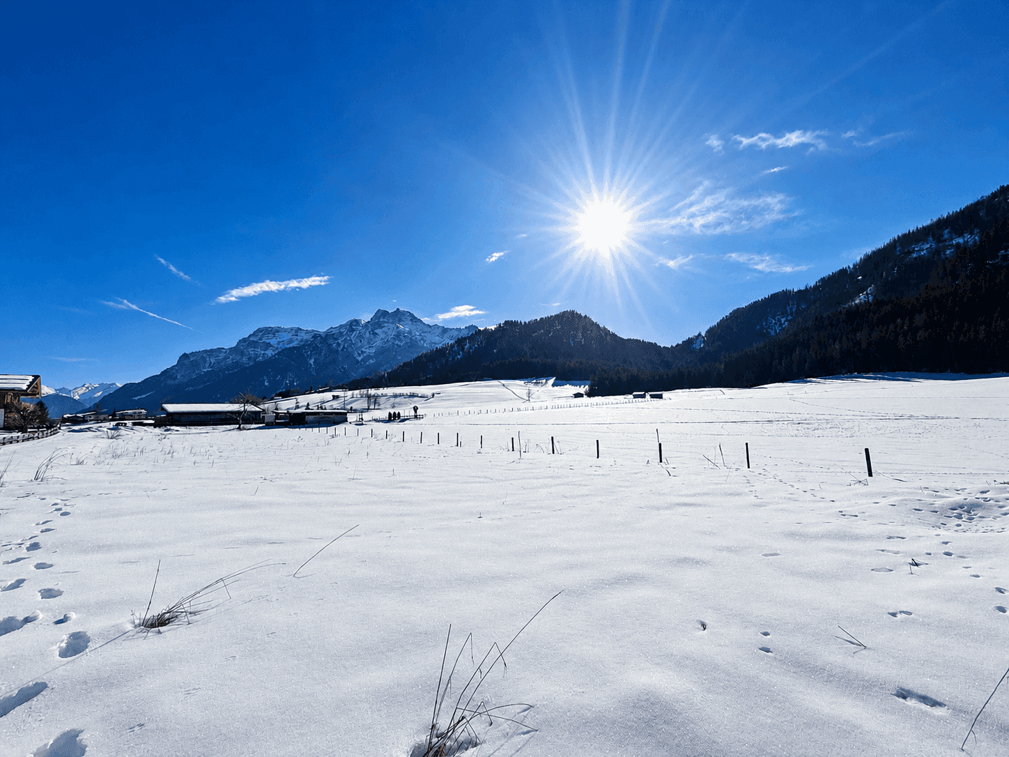 Sonniger Wintertag über einer weiten, verschneiten Ebene mit beeindruckender Bergkette am Horizont.