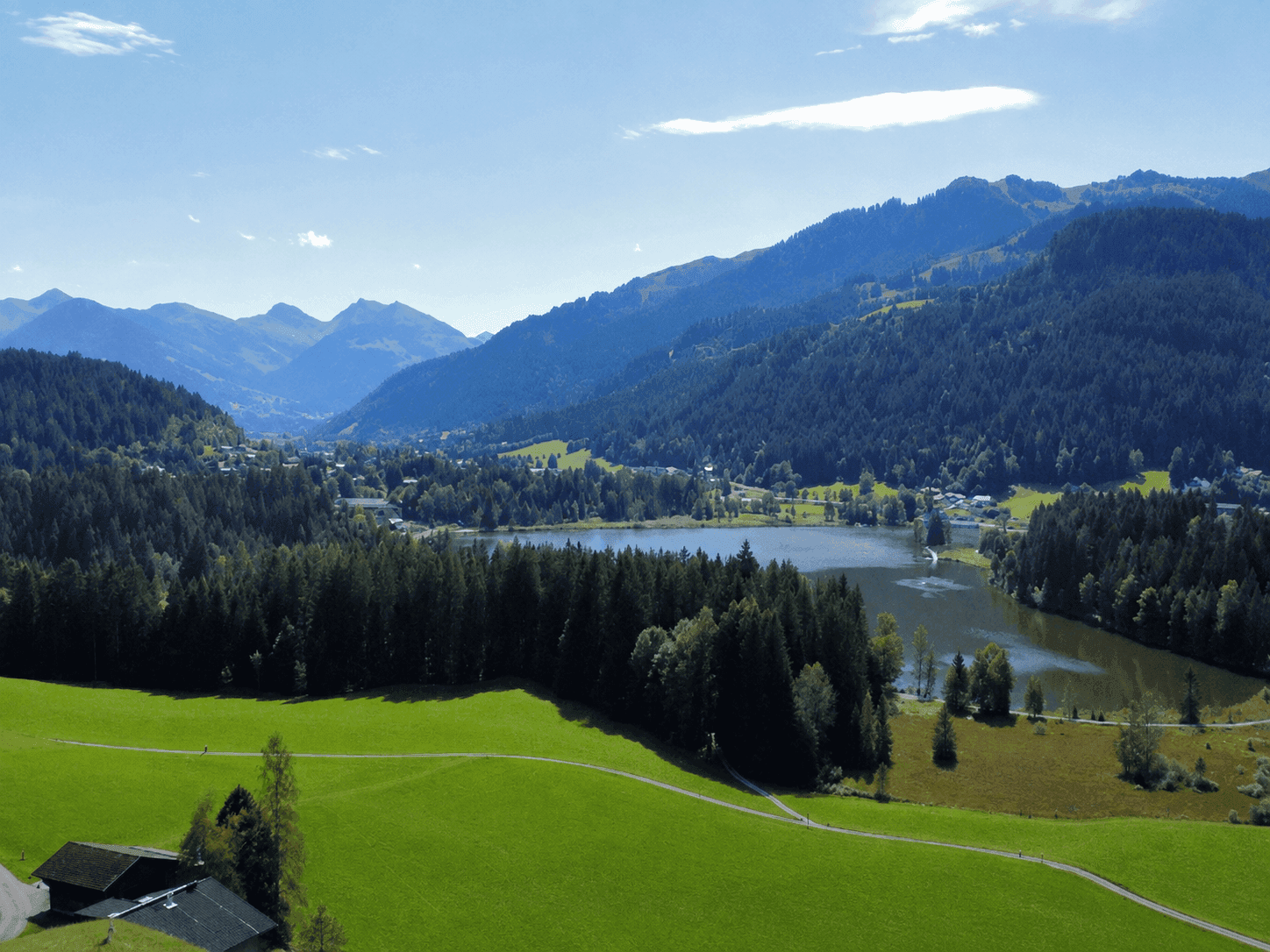 Panoramablick auf eine malerische Berglandschaft mit See, Wäldern und grünen Wiesen unter blauem Himmel.