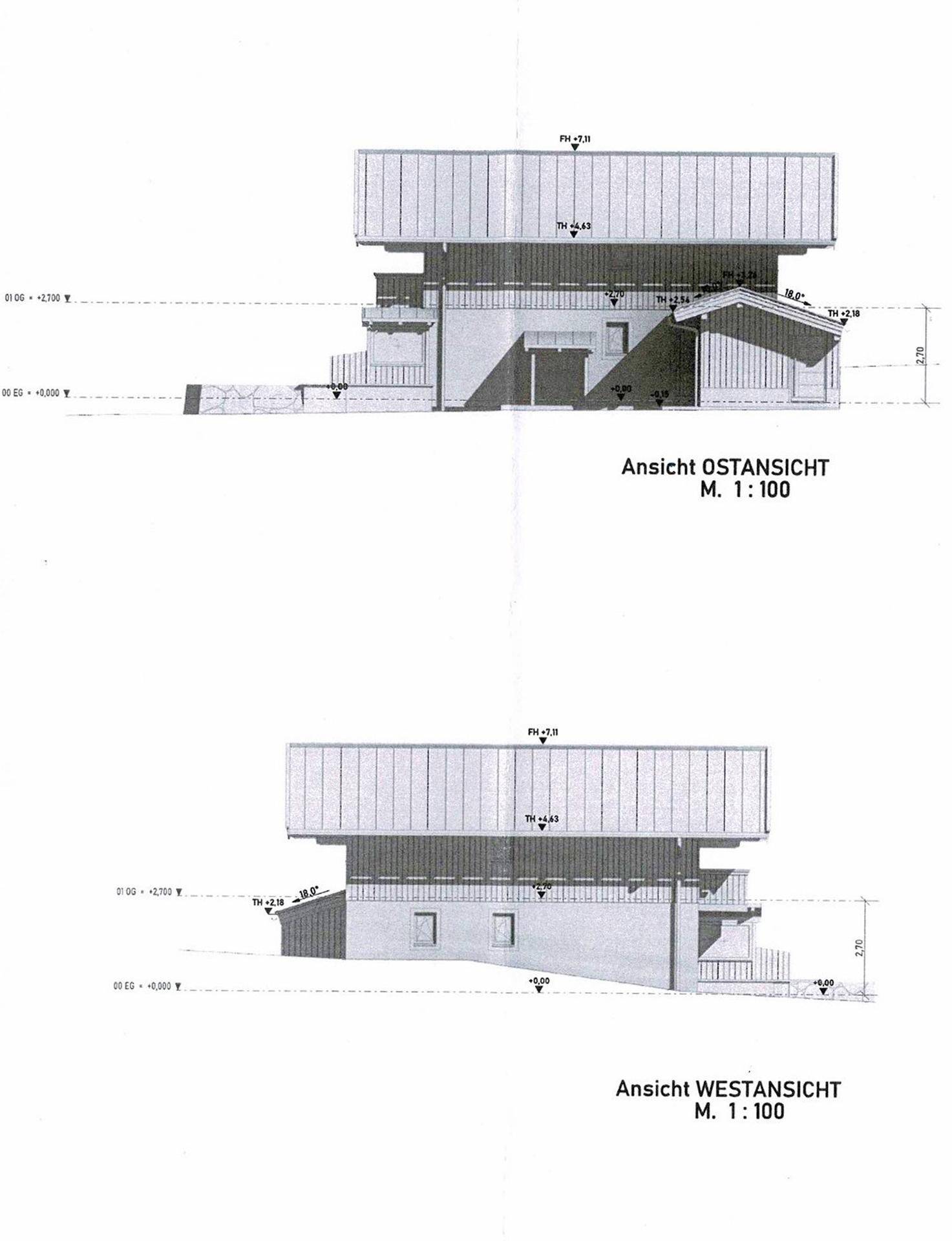 Ost- und Westansicht des Gebäudes mit moderner Architektur und Dachform.