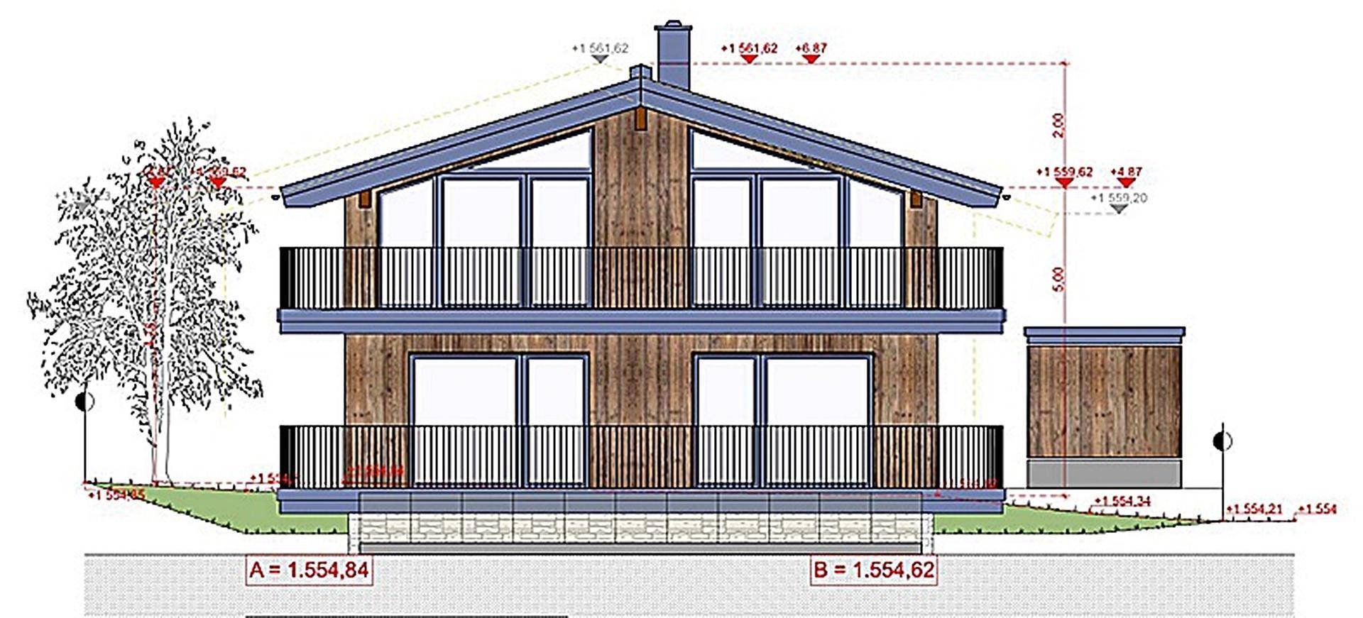 Architektonische Ansicht eines Chalets mit Holzfassade und Balkonen auf zwei Etagen.