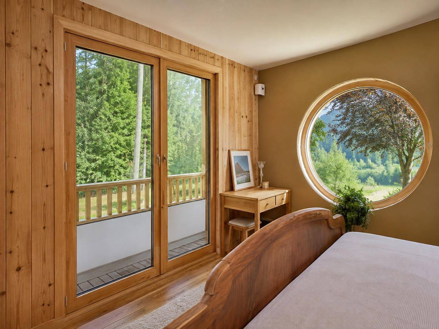 Helles Schlafzimmer mit Holzwänden, Zugang zum Balkon und einem einzigartigen runden Fenster mit Waldblick.
