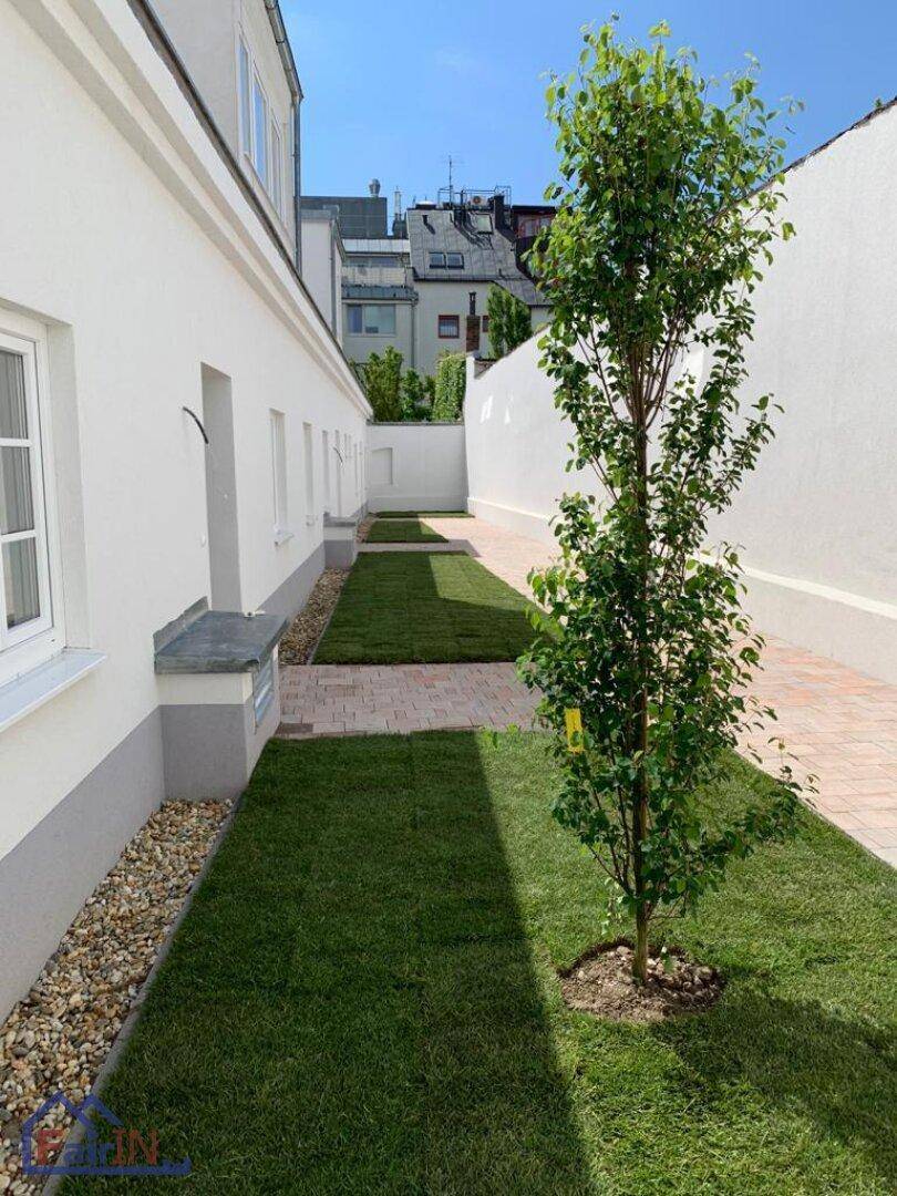 Schmaler Gartenweg zwischen zwei Gebäuden mit Rasenstreifen, Kiesbett und einem jungen Baum.