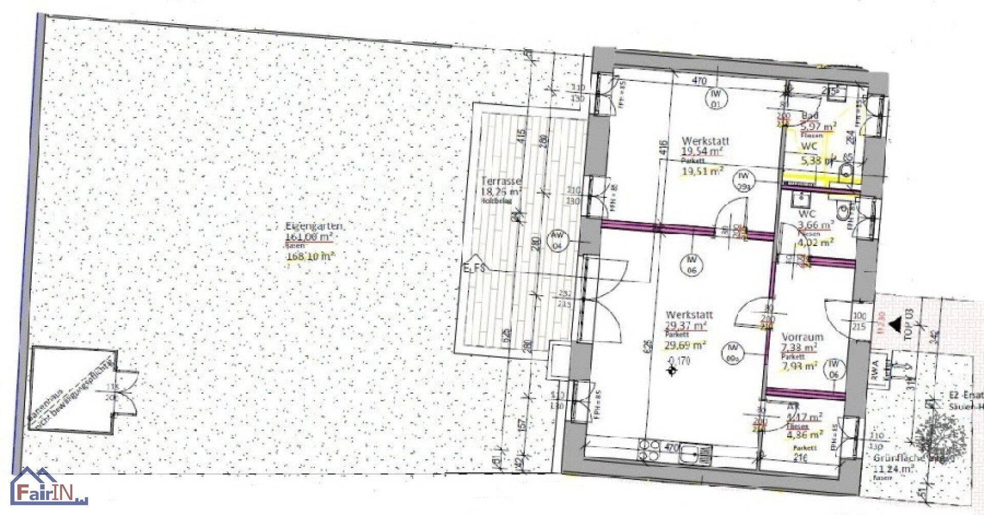 Grundriss zeigt eine Werkstatt, Vorraum und WC mit großem Eigengarten und Terrasse.
