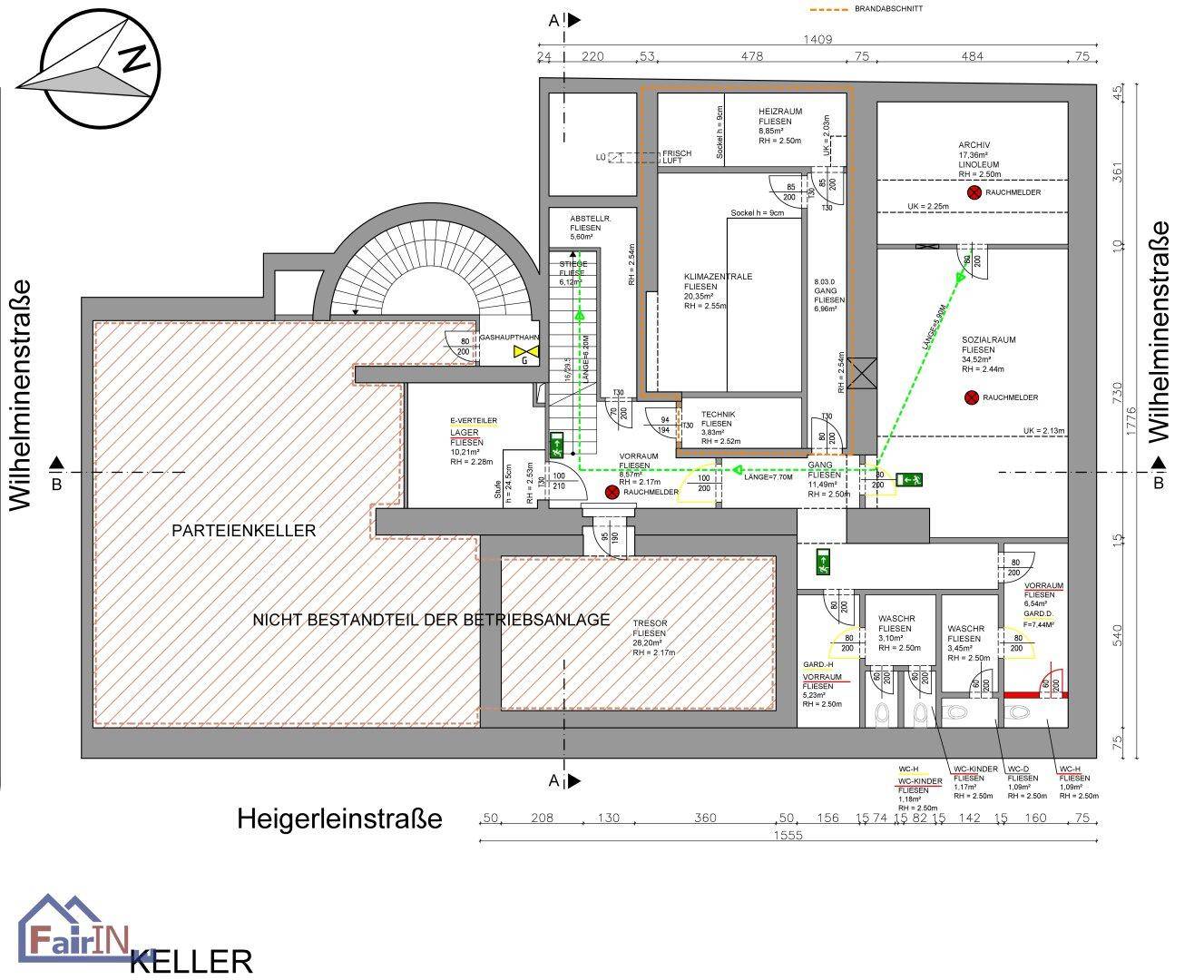 Grundriss des Kellers mit Technikräumen, Sozialraum und Parteikeller.