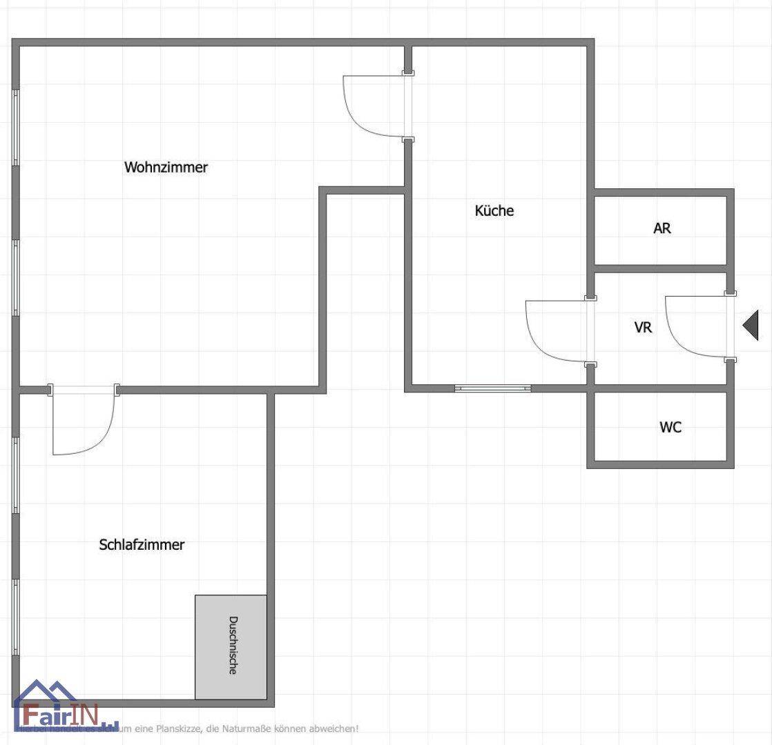 Grundriss der Wohnung mit Wohnzimmer, Schlafzimmer, Küche und WC.