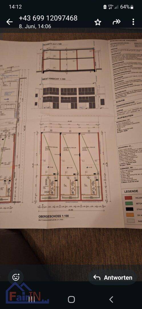 Architektonischer Plan mit Ansichten und Grundrissen eines Gebäudes, auf einem mobilen Bildschirm dargestellt.
