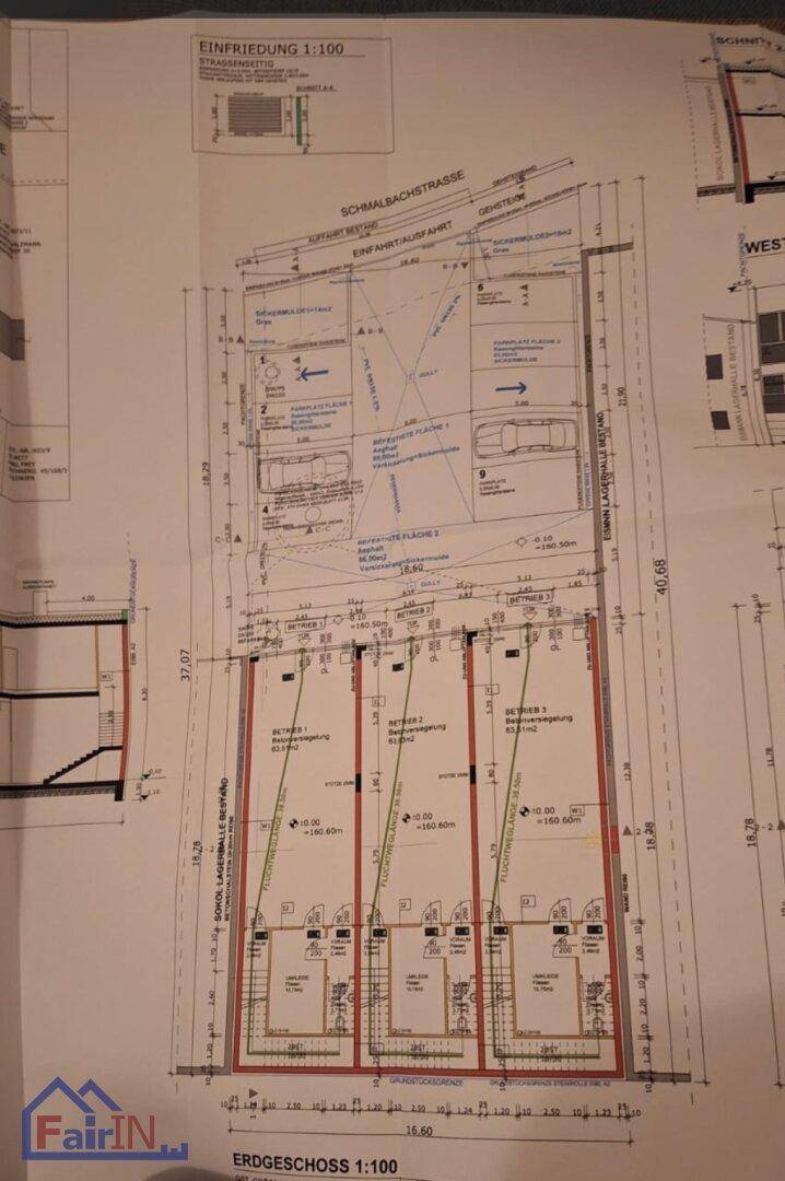 Detaillierter Grundrissplan mit Erdgeschossaufteilung und Grundstücksgrenzen für ein Gewerbeobjekt.