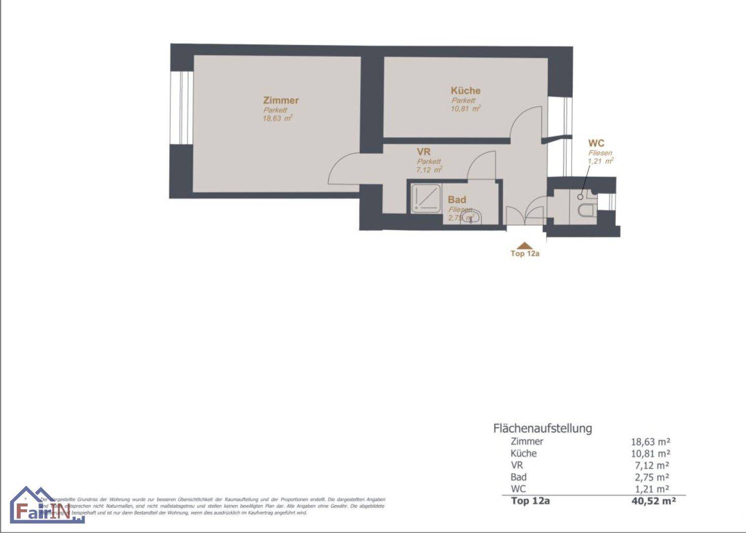 Grundriss der Wohnung Top 12a mit Zimmer, Küche, Bad und WC, Gesamtfläche 40,52 m².