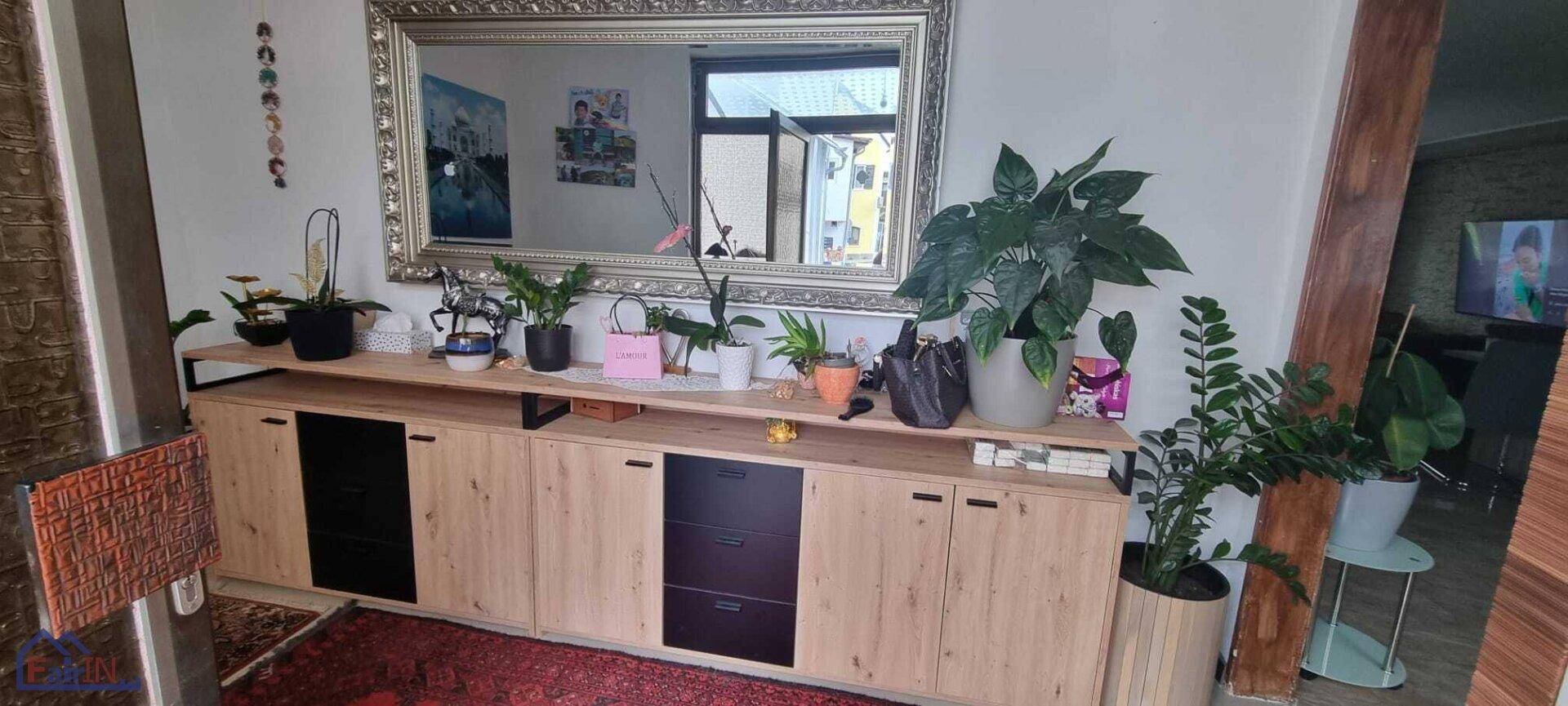 Heller Flur mit Holzkommode, großem Spiegel und dekorativen Pflanzen, die eine freundliche Atmosphäre schaffen.