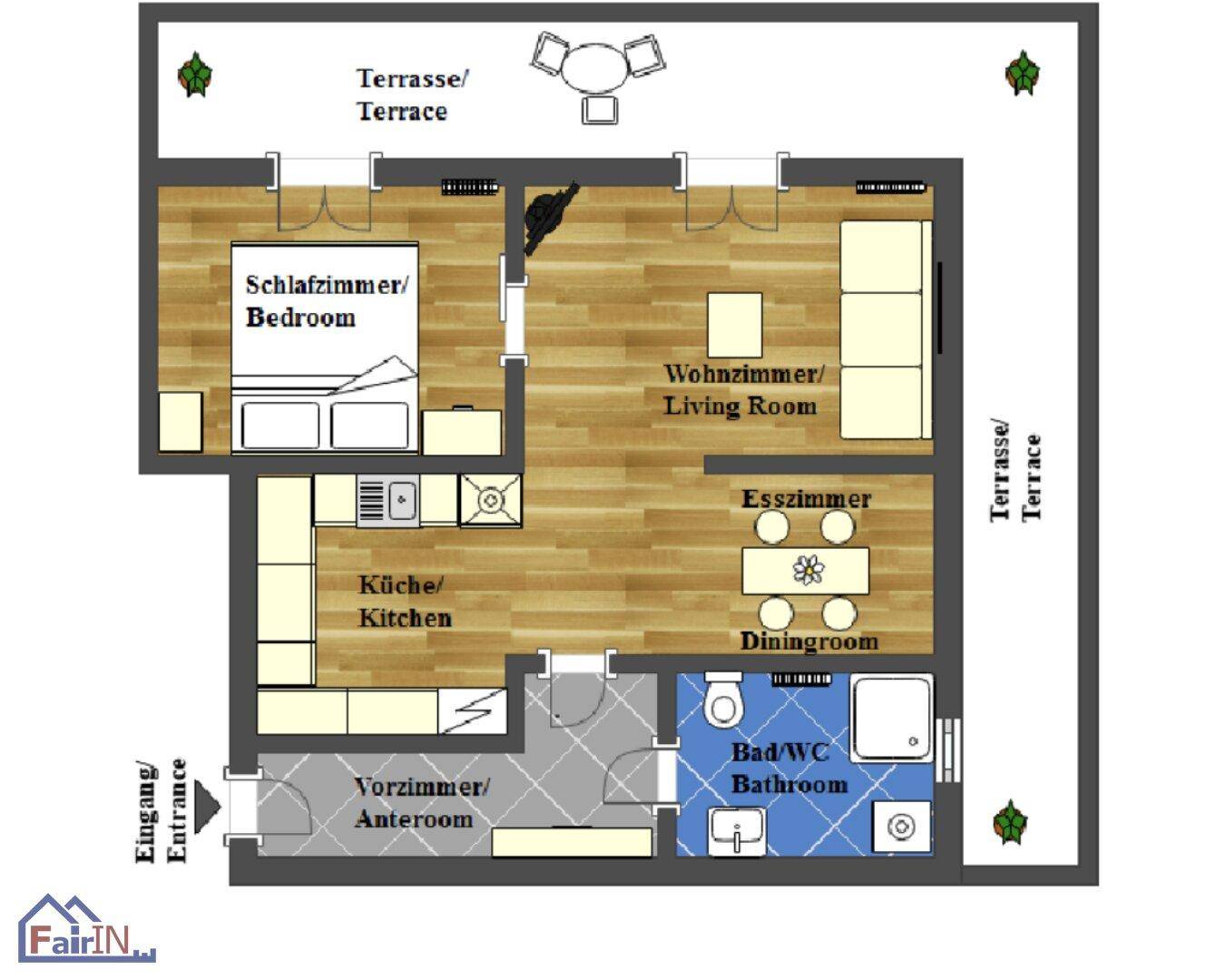 Detaillierter Grundriss mit Schlafzimmer, Wohnzimmer, Küche, Bad und zwei Terrassen.