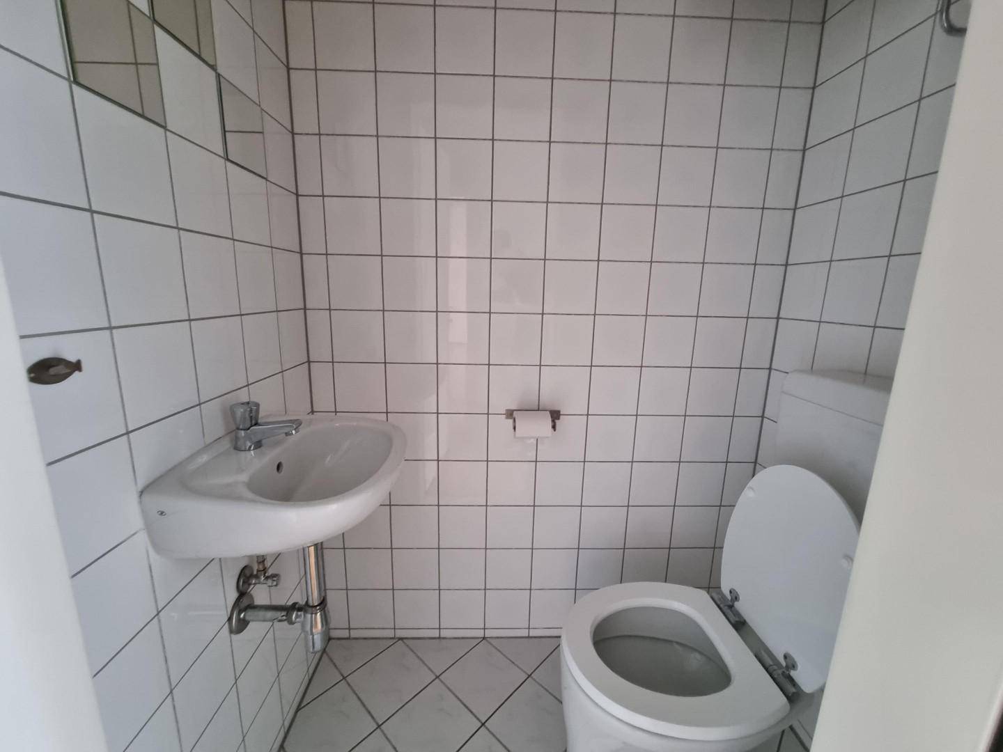 Separates WC mit Waschbecken und weißen Fliesen, ideal für Gäste.