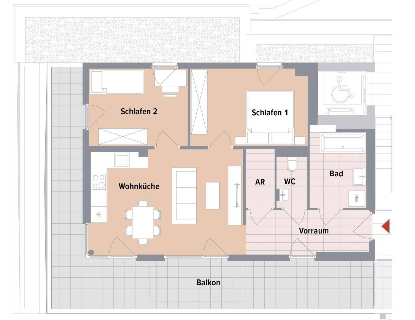 Grundriss einer Wohnung mit zwei Schlafzimmern, offener Wohnküche und großem Balkon.