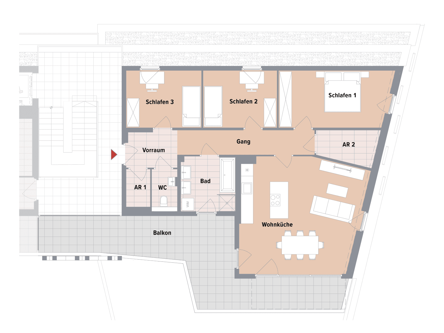 Grundriss einer Wohnung mit drei Schlafzimmern, offener Wohnküche und großem Balkon.