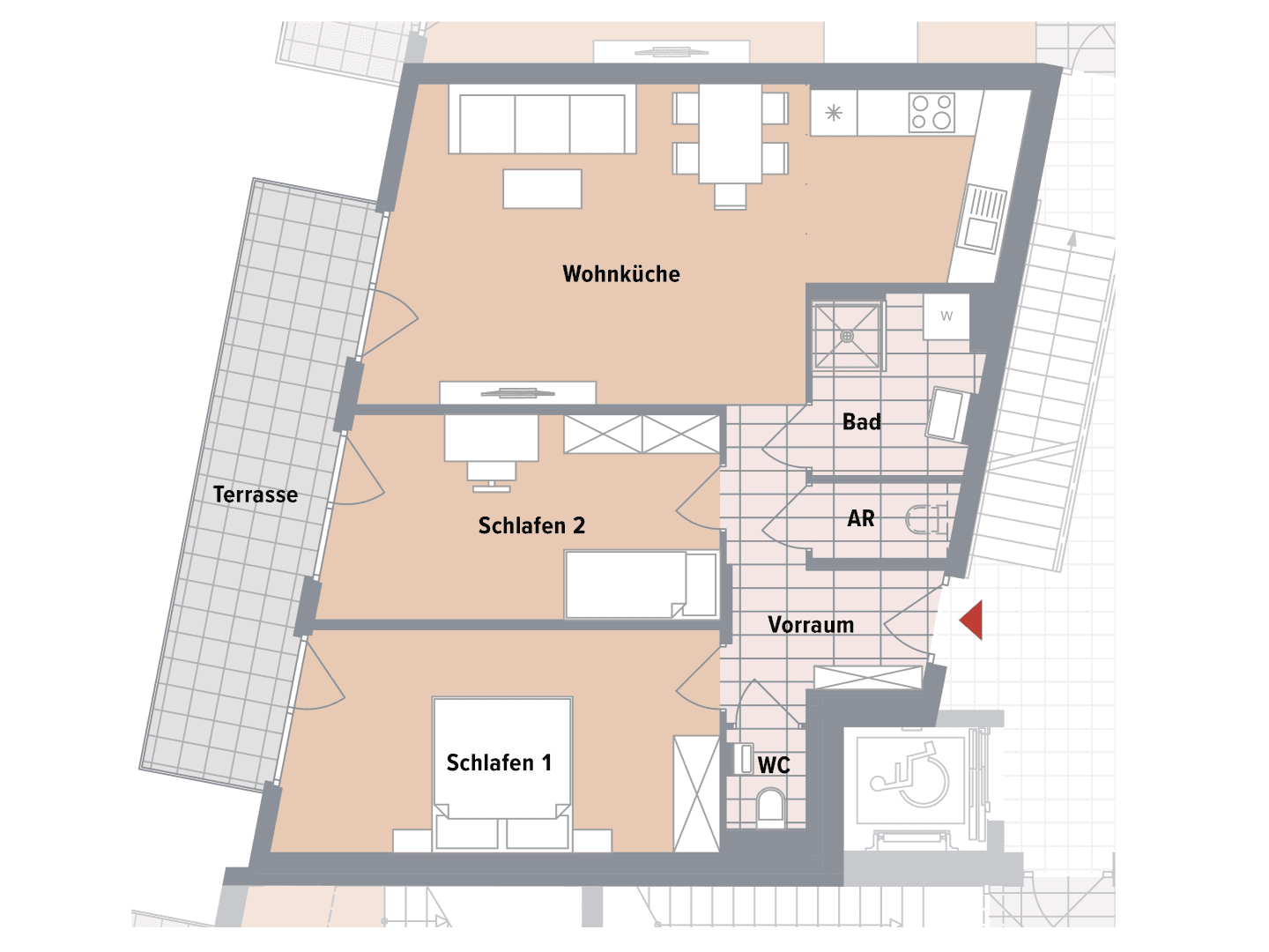 Grundriss einer Wohnung mit offener Wohnküche, zwei Schlafzimmern, Bad, WC und großer Terrasse.