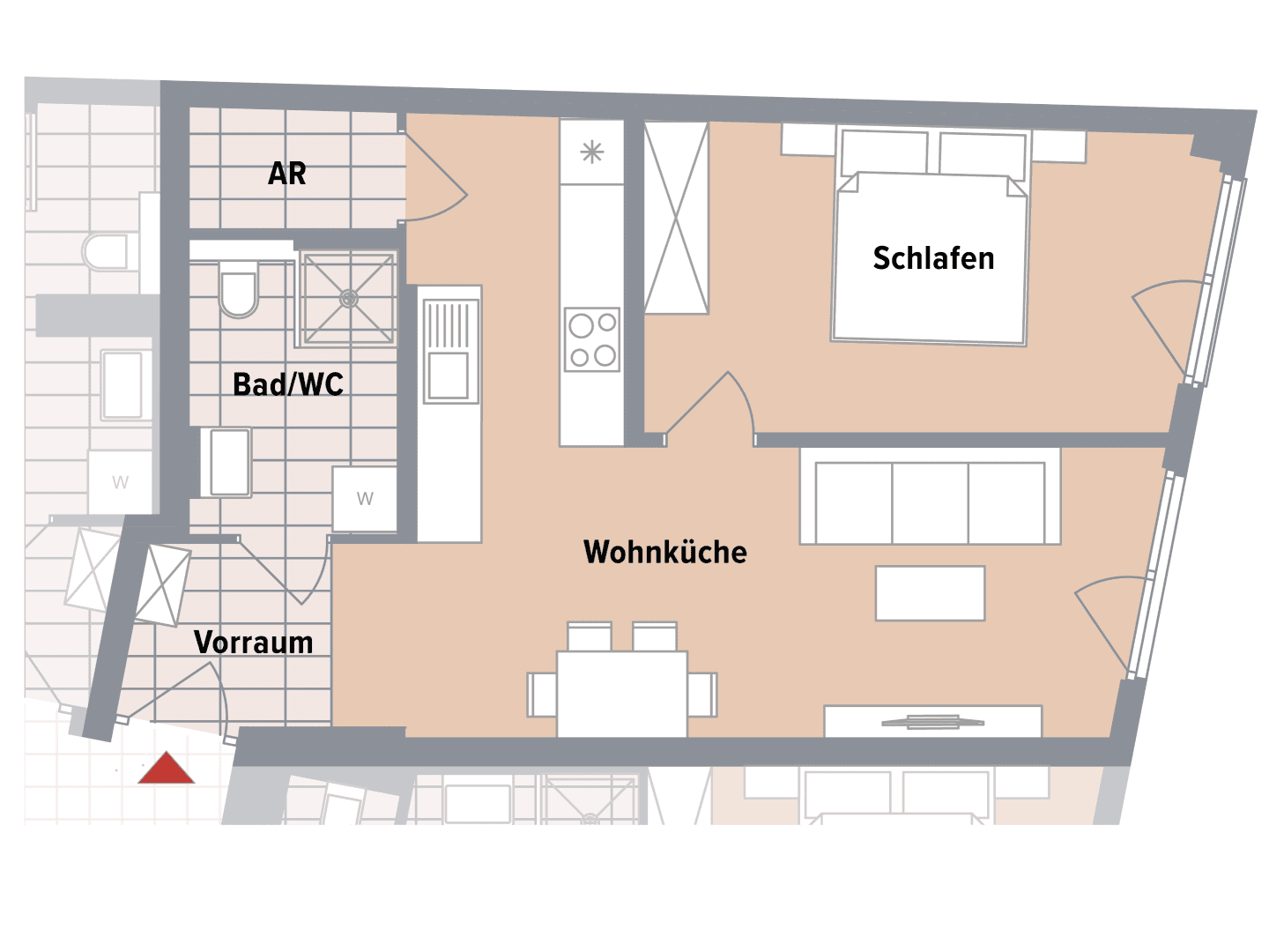 Grundriss einer Wohnung mit offener Wohnküche, Schlafzimmer, Bad und Abstellraum.
