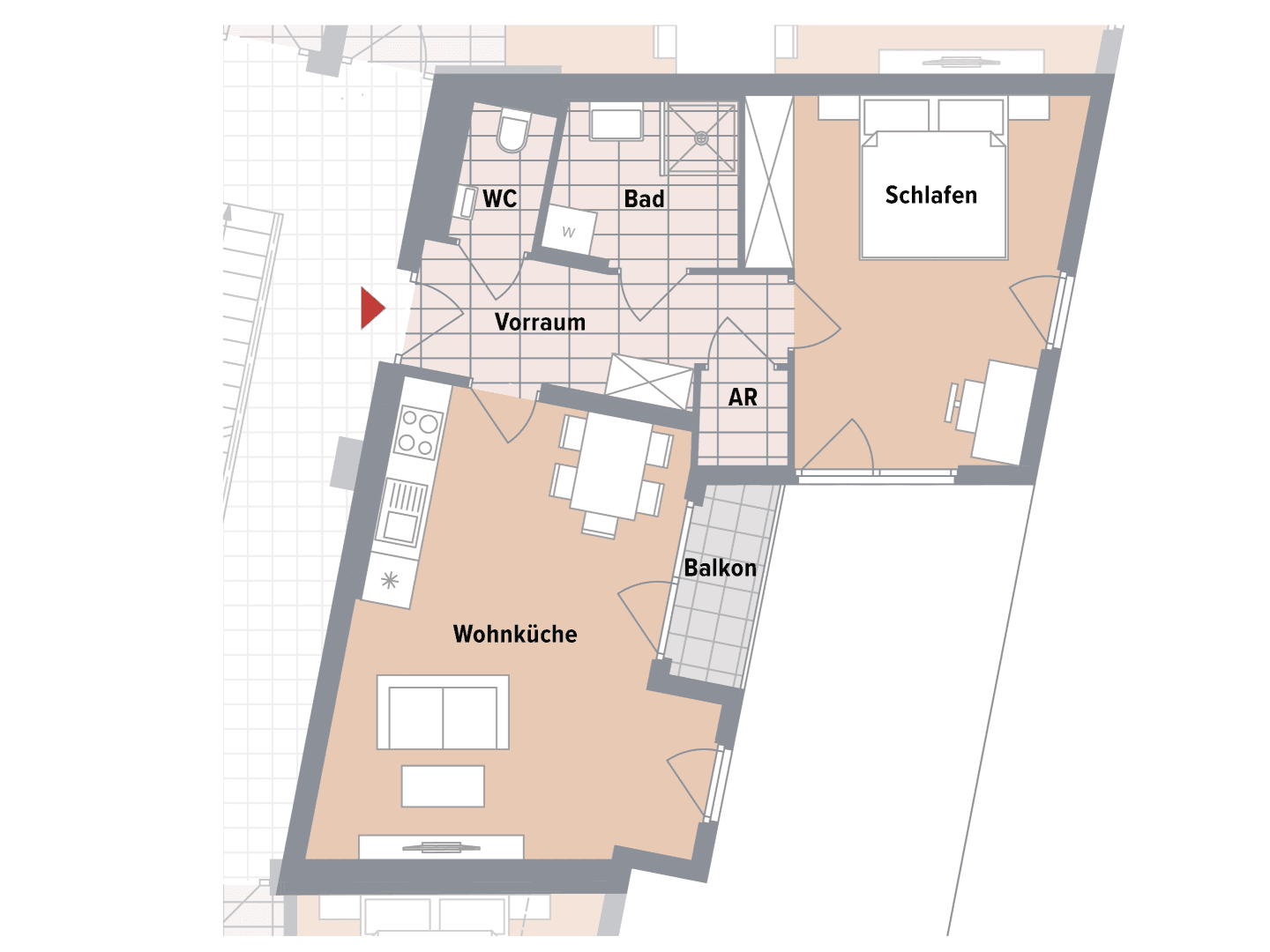 Grundriss einer Wohnung mit offener Wohnküche, Schlafzimmer, Bad, WC und Balkon.